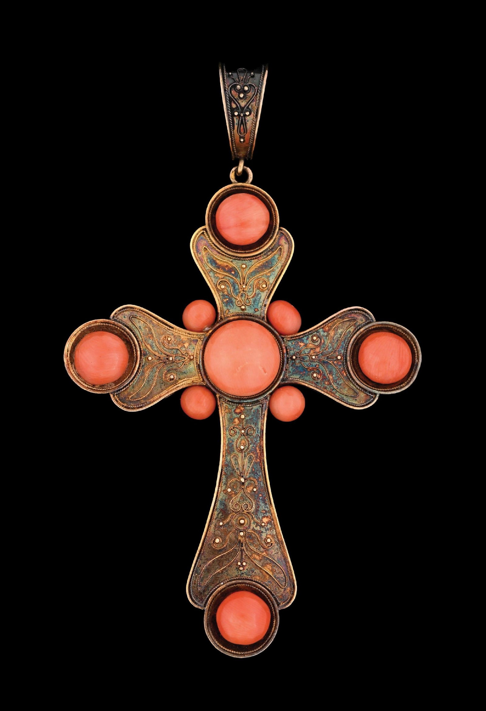 18K GOLD PINK CORAL CROSS, FRENCH 19TH CENTURY: Antique 19th century 18k yellow gold and pink coral cross pendant measuring 2" wide by 3-1/2" tall. Gross weight is 14.6 grams. Marked with French hallmarks. Wonderful toning throughout. Condition: (E