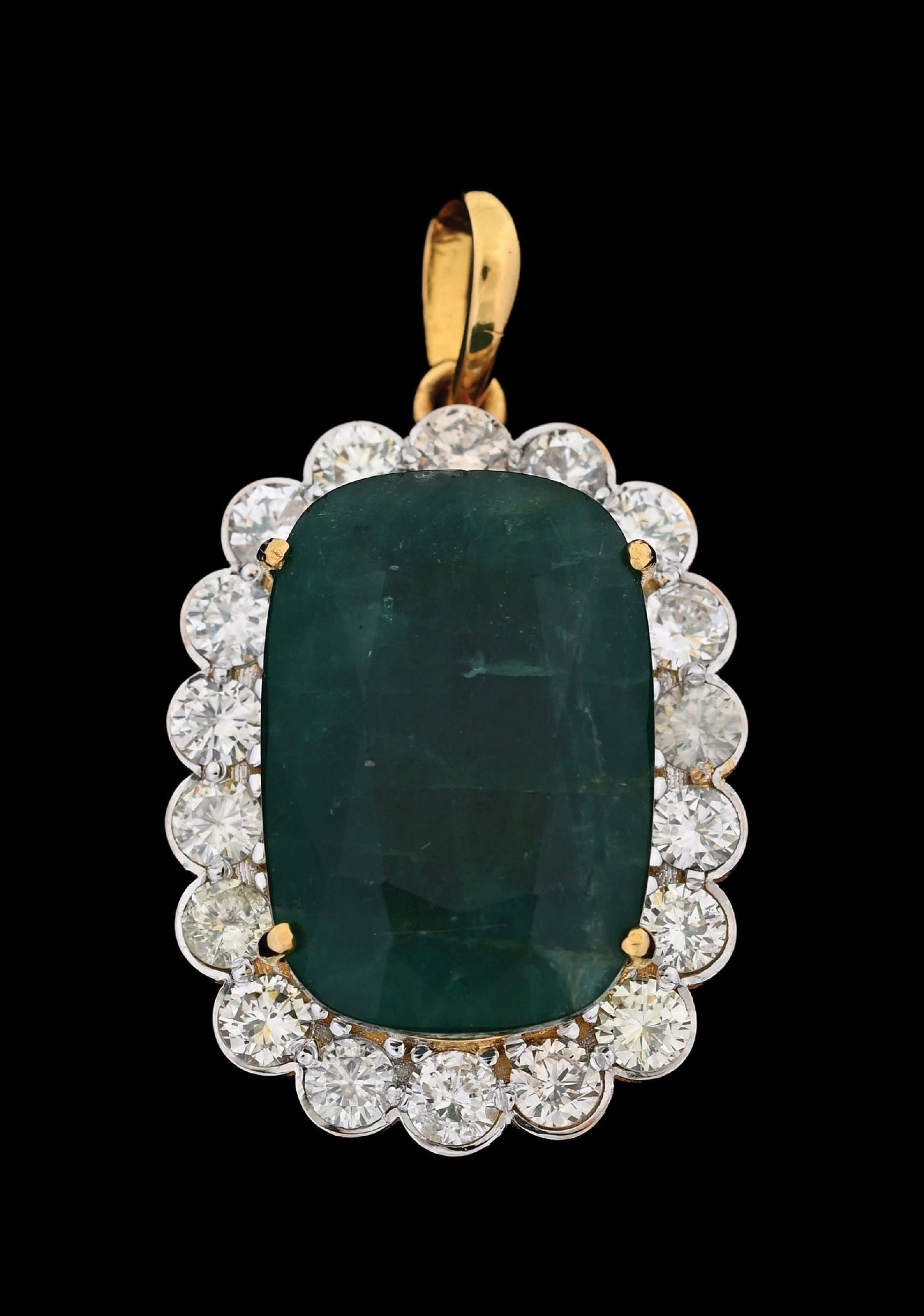 18K GOLD ZAMBIAN EMERALD & DIAMOND PENDANT W/REPORT: Ladies' 18k yellow gold Zambian emerald (25.63ct) and diamond (18 round brilliant cuts with an estimated total weight of 6.00cts) pendant accompanied by an original AGL laboratory report (See addition