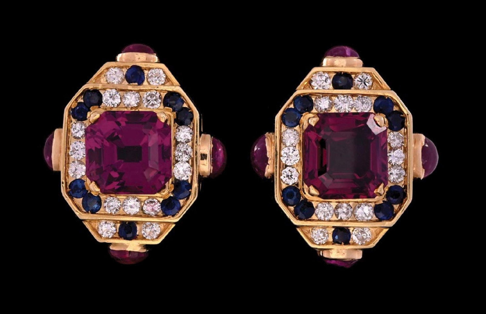 18K GOLD RUBELLITE, DIAMOND & SAPPHIRE EARRINGS (1 of 2)