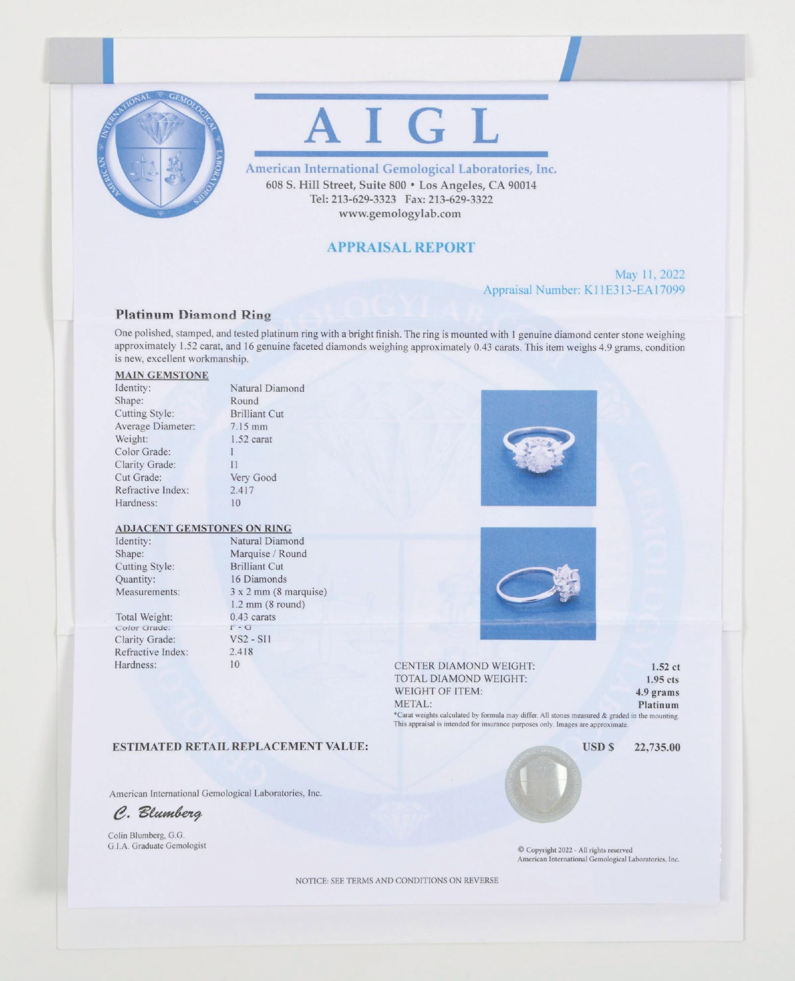 PLATINUM DIAMOND RING WITH W/REPORT - 6