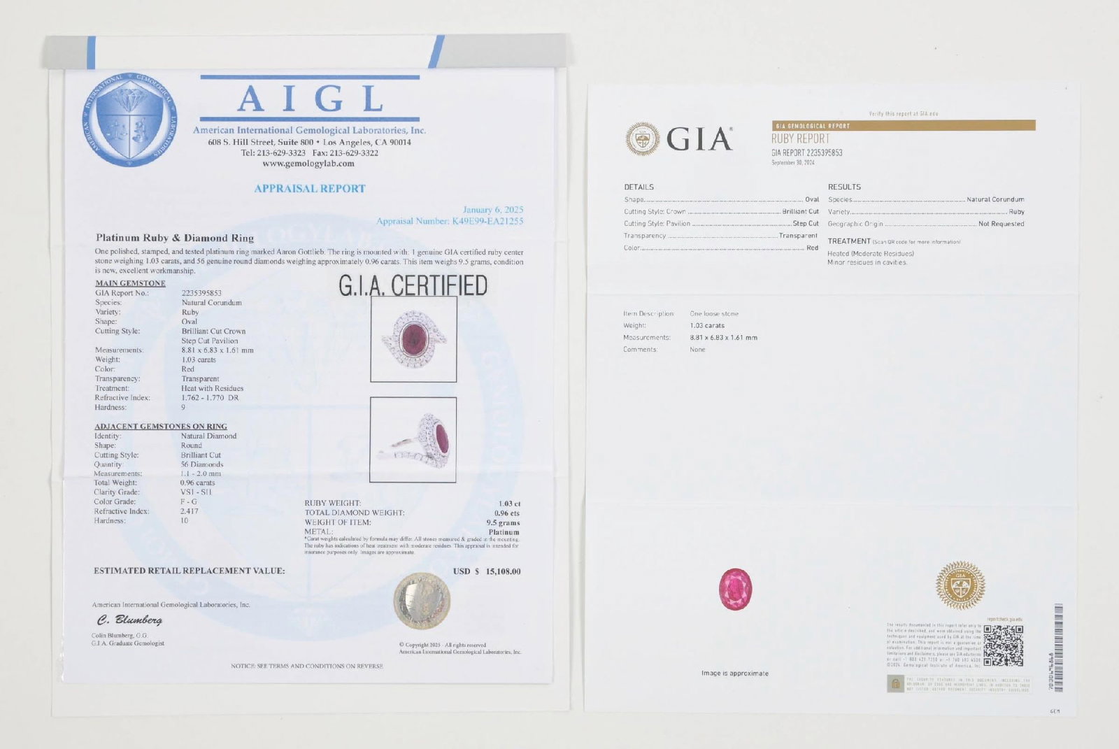 PLATINUM RUBY & DIAMOND RING W/GIA REPORT - 6
