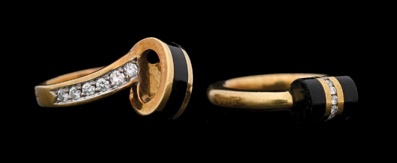 COLLECTION OF 2: 18K GOLD BLACK CORAL & DIAMOND RINGS: Collection of 2: 18k yellow gold rings set with inlays of black coral and diamonds. Each marked "18K". Both rings are finger size 7. Gross weight is 15.5 grams. Condition: (Very Good-Excellent). Dimen