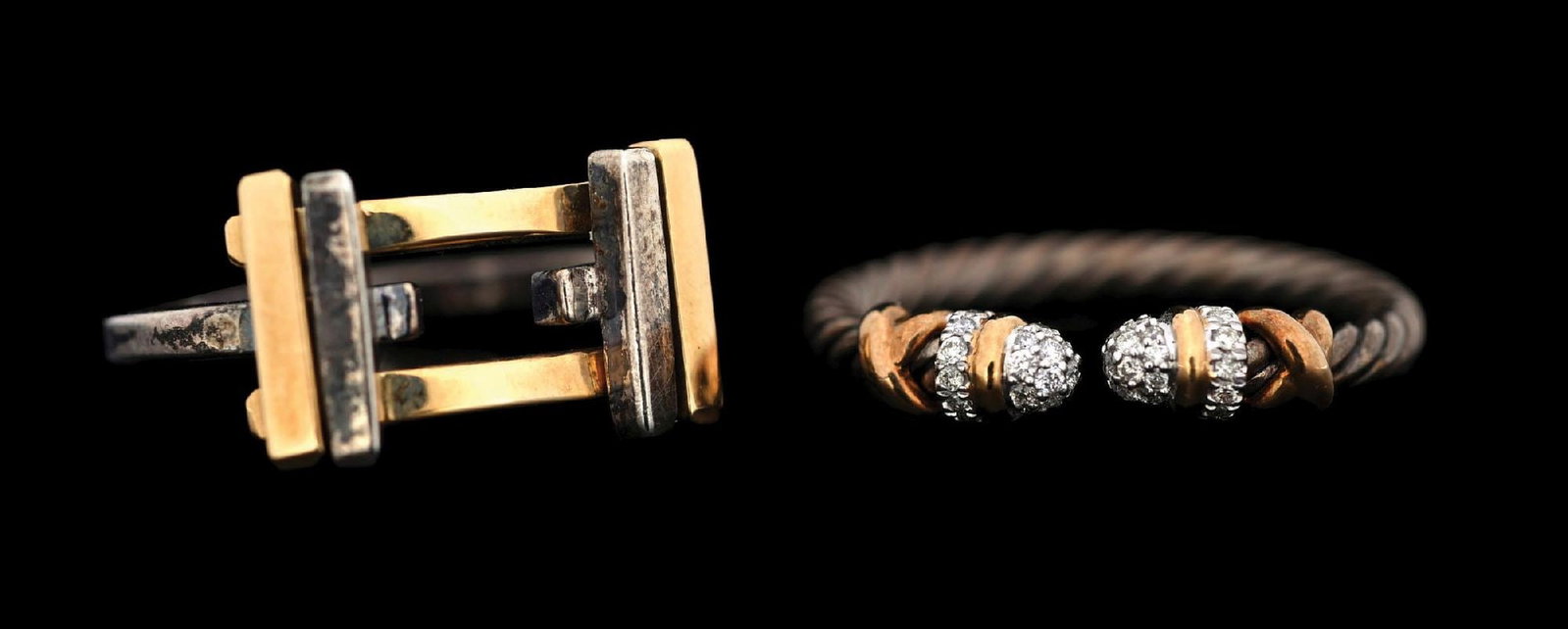 COLLECTION OF 2: 18K GOLD & STERLING SILVER RINGS BY DAVID YURMAN & TIFFANY & CO.: Collection of 2: Ladies designer rings in mixed metals. David Yurman cable ring with pave set diamond ends. Marked "(c) D.Y. 925 750". Width at top is 4mm. Frank Gehry for Tiffany & Co. 18k yellow gol
