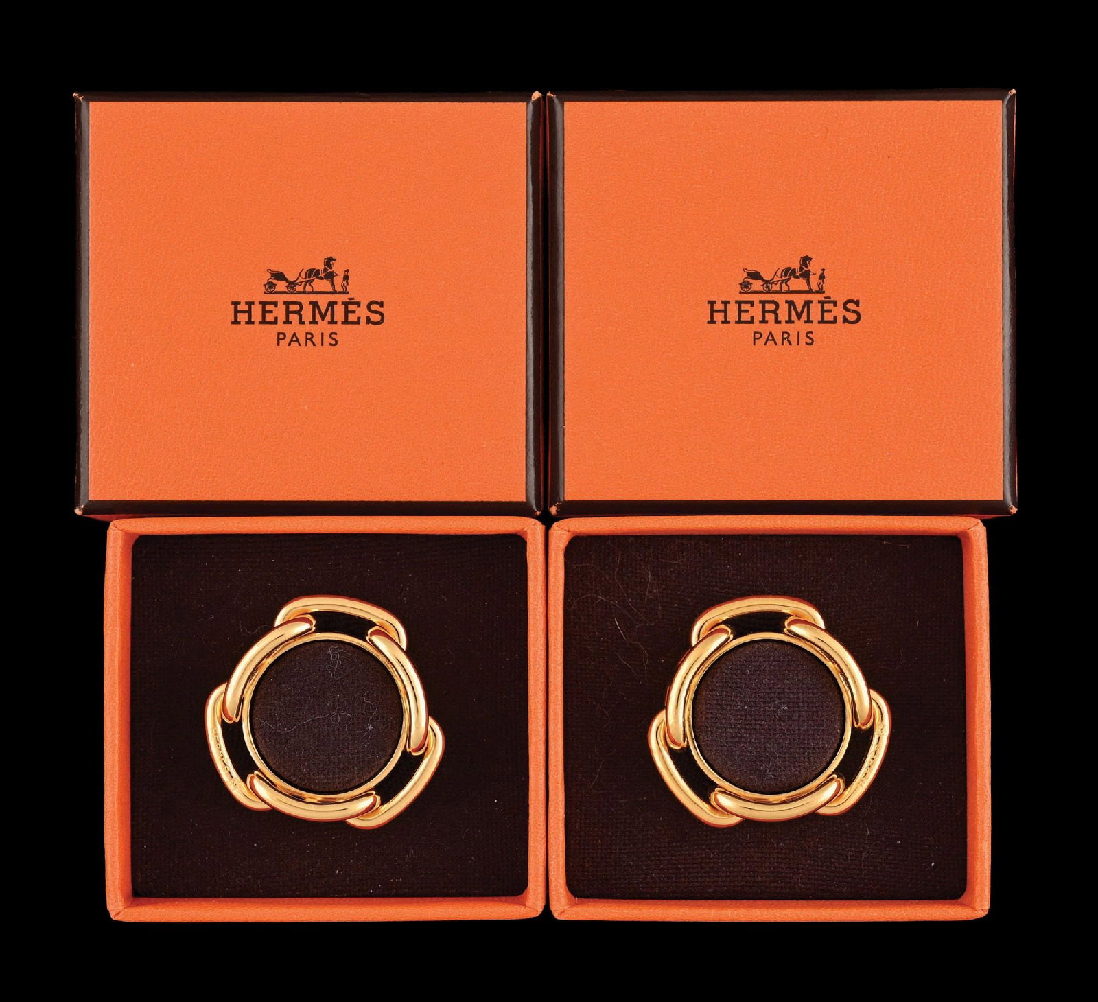 PAIR (2) HERMES REGATE SCARF 90 RINGS IN GOLD PLATE W/BOXES: Pair (2) of Hermes Regate scarf 90 rings in yellow gold plated brass with original orange Hermes, Paris boxes. Each marked "Hermes". Condition: (Excellent). Dimensions:
