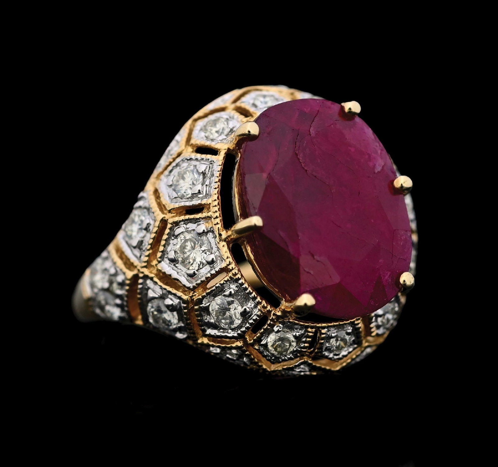 14K GOLD MADAGASCAR RUBY & DIAMOND RING W/REPORT: Ladies' 14k yellow gold oval Madagascar ruby (5.42ct) and diamond (0.69ctw) ring accompanied by an original AGL laboratory report (See additional website images of report for specifications). Ring