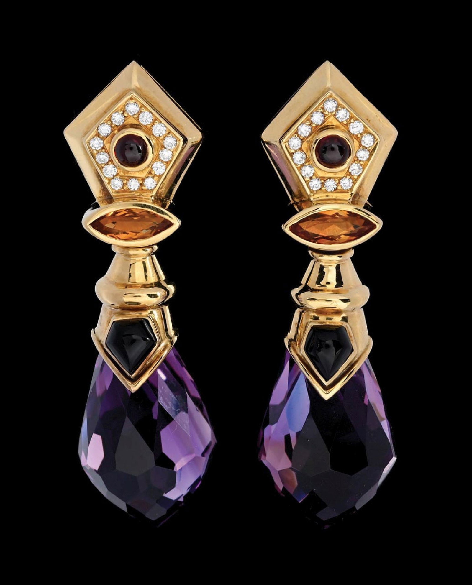 18K GOLD AMETHYST DROP EARRINGS: Pair of ladies' 18k yellow gold drop earrings set with two briolette cut amethyst, black onyx, citrine, garnet and diamonds.Length measures 2-1/4". Gross weight 35.6 grams. Marked "18K". Condition: (E
