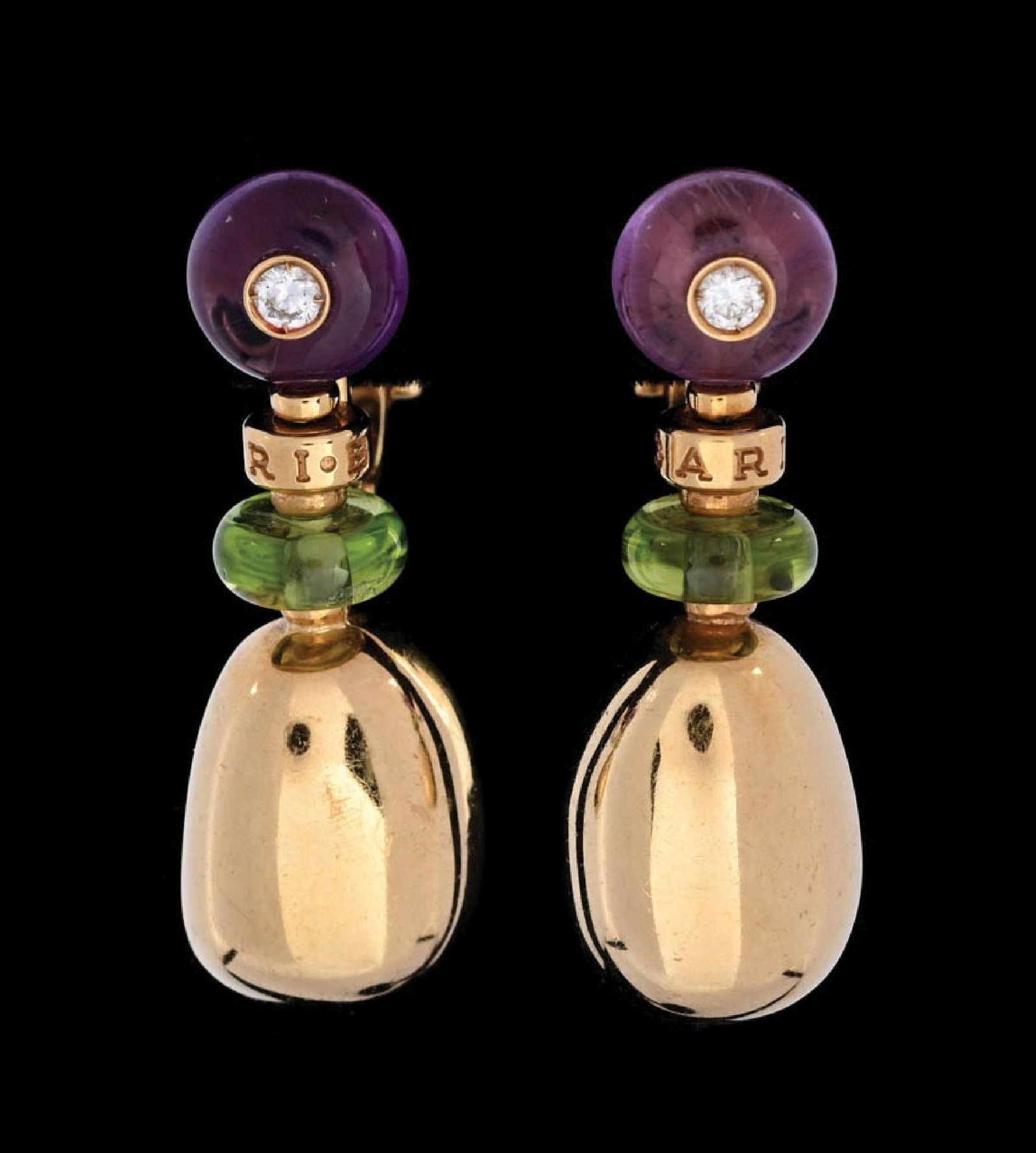 18K GOLD BULGARI AMETHYST PERIDOT & DIAMOND EARRINGS: Pair of ladies' 18k yellow gold Bulgari drop earrings set with amethyst, peridot and diamonds. Length measures 1-3/8". Gross weight 18.5 grams. Marked "BULGARI, Au 750". Condition: (Excellent). Dimens