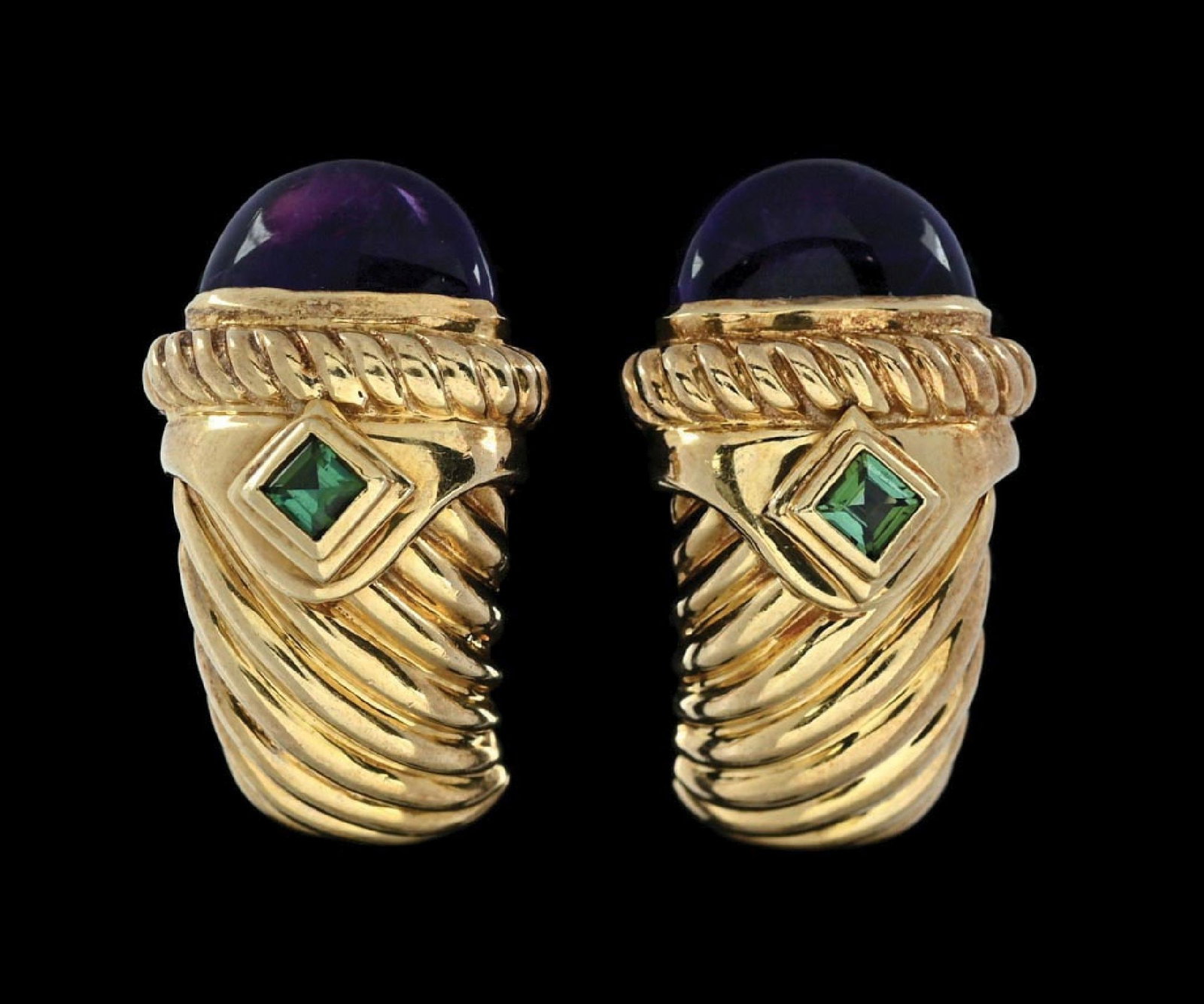 14K GOLD DAVID YURMAN AMETHYST & GREEN TOURMALINE EARRINGS: Pair of ladies' 14k yellow gold David Yurman amethyst and green tourmaline renaissance earrings. Length measures 1-1/8". Width is 5/8". Marked "D.Yurman 14K". Gross weight is 18.5 grams. Condition: (E
