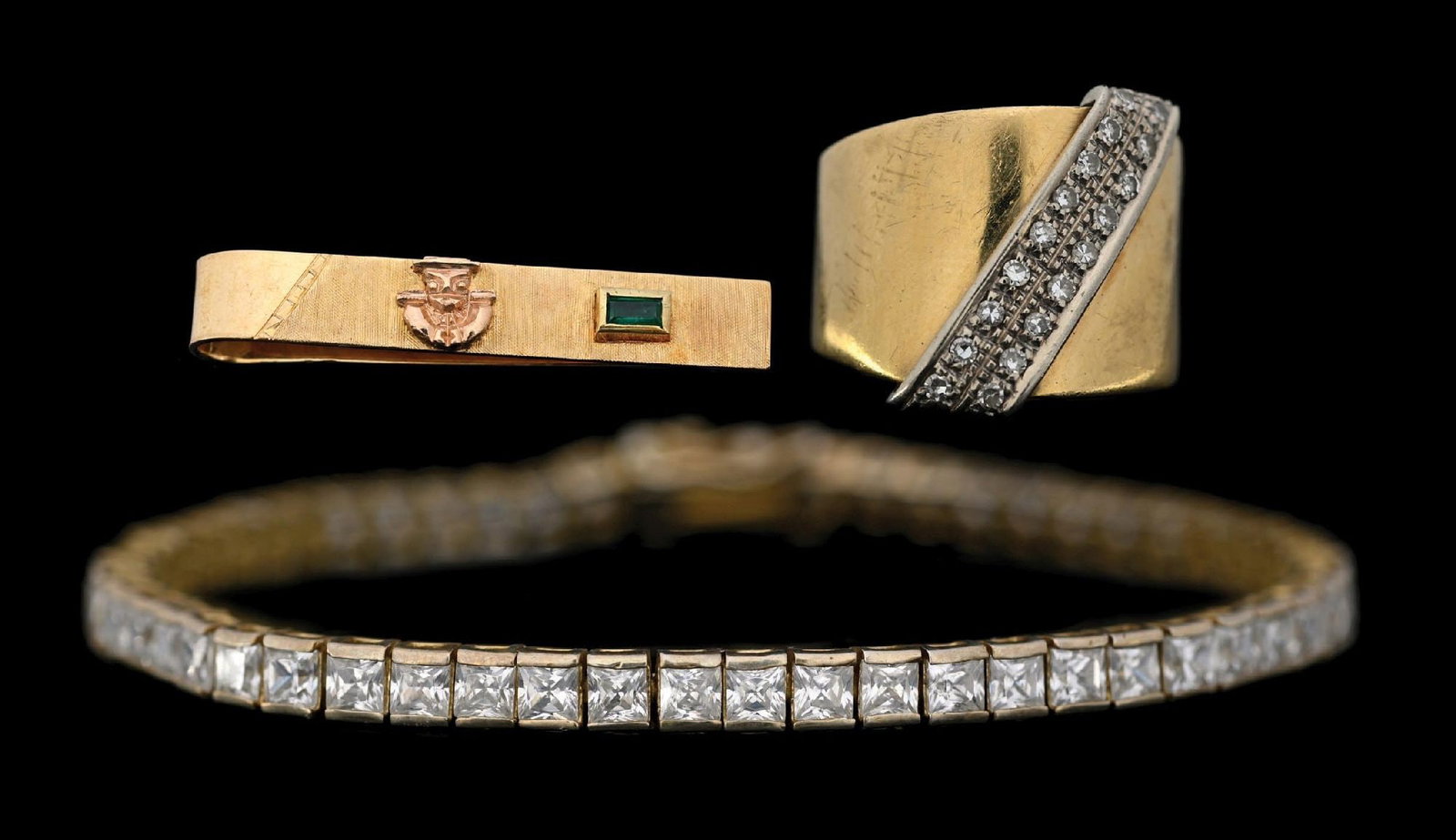 COLLECTION OF 3: 18K GOLD TIE CLIP & RING W/925 CZ BRACELET: Mixed jewelry, collection of 3: (A) Ladies' wide 18k two-tone yellow and white gold diamond ring, size 5-1/2, marked "18K Italy". (B) 18k yellow gold emerald tie bar, marked "18K GK". (C) Gold plate o