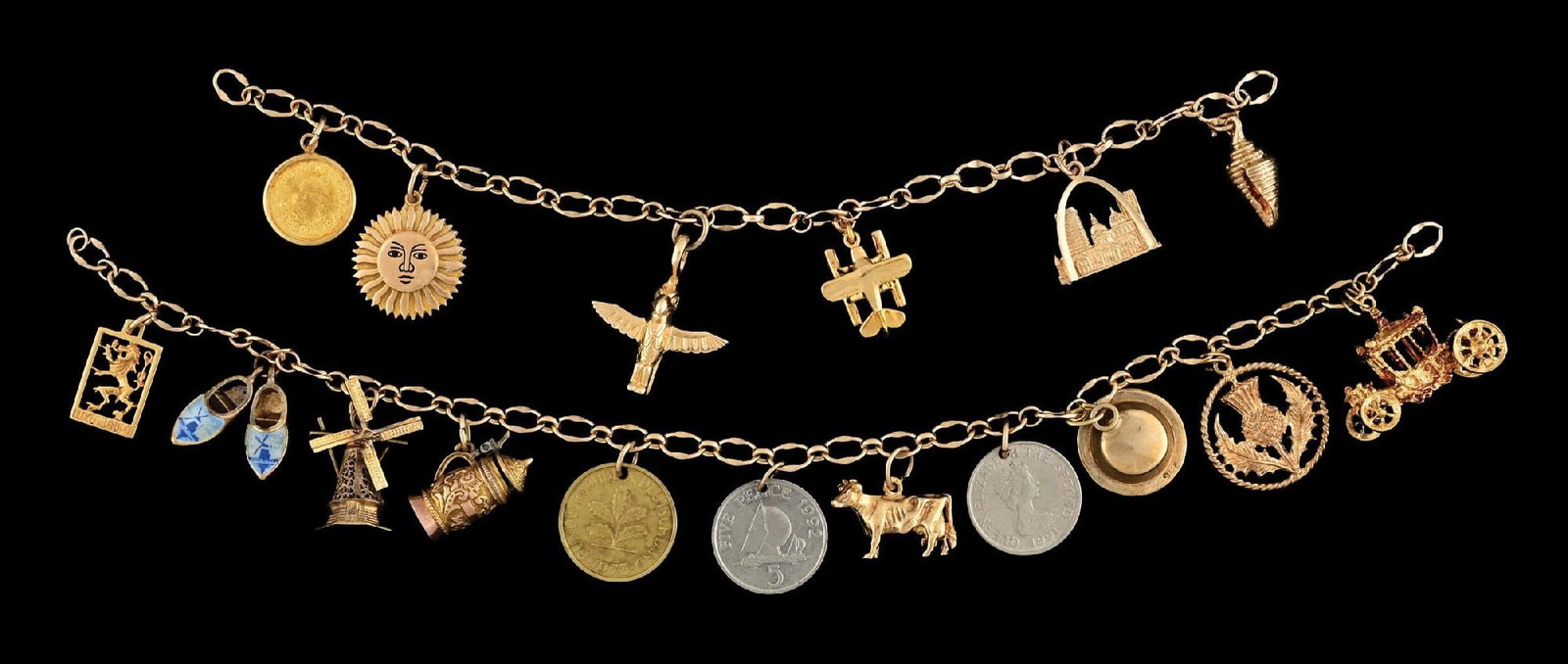 COLLECTION OF 2: VINTAGE GOLD CHARM BRACELETS (1 of 2)
