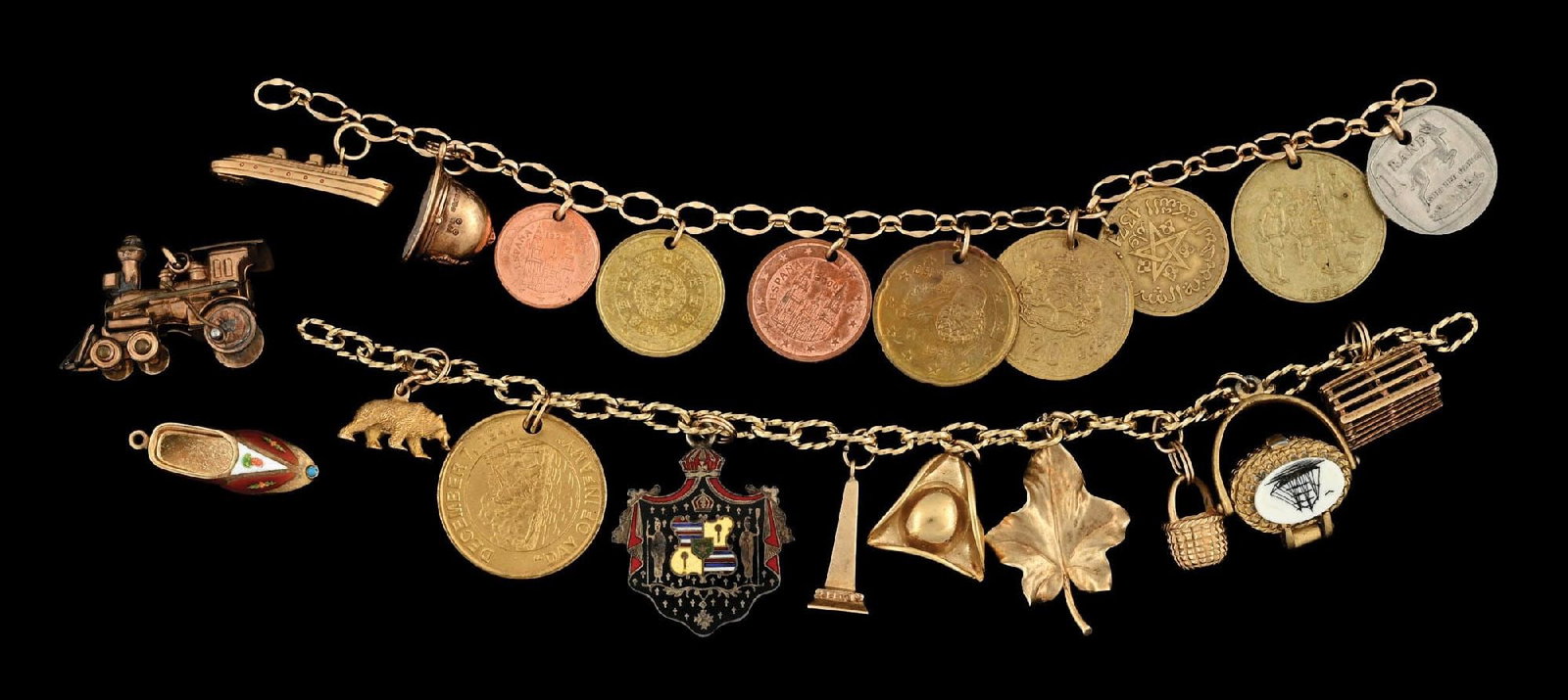 COLLECTION OF 2: VINTAGE CHARM BRACELETS W/2 LOOSE CHARMS (1 of 2)