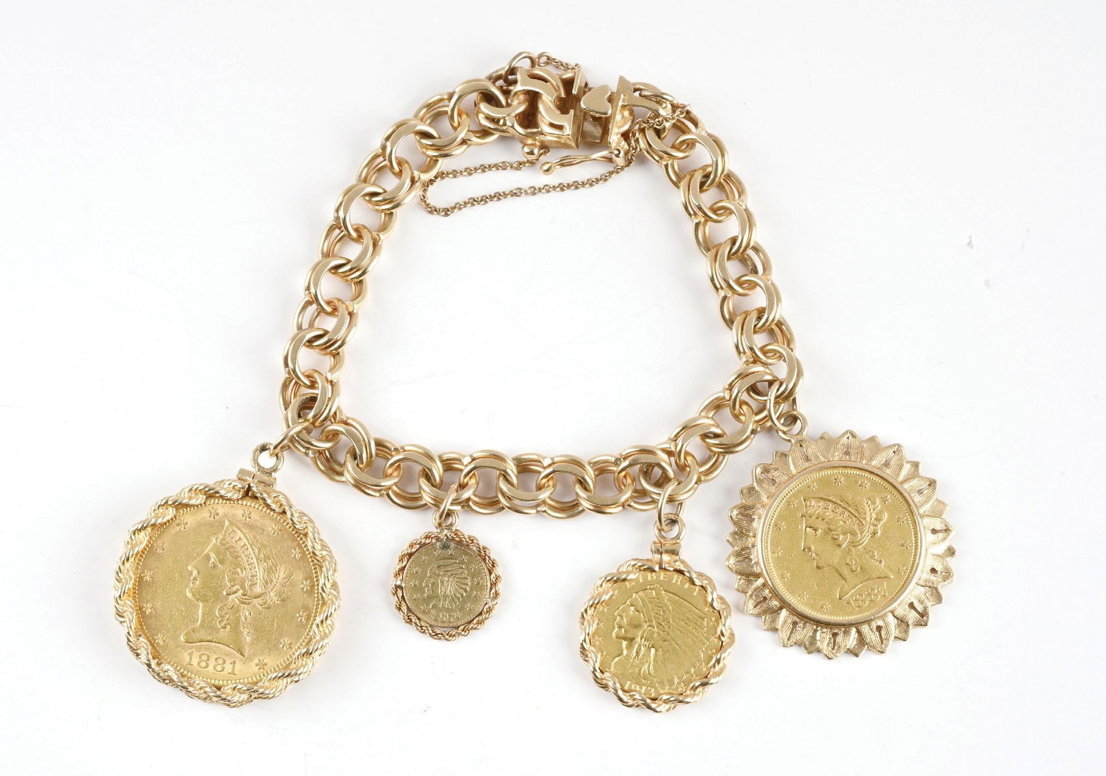 14K GOLD CHARM BRACELET W/4 GOLD COINS (1 of 2)
