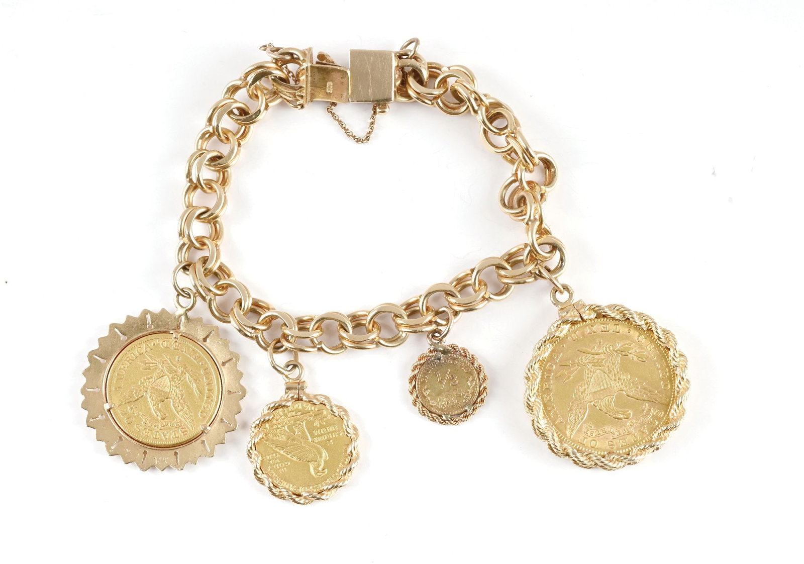 14K GOLD CHARM BRACELET W/4 GOLD COINS - 2