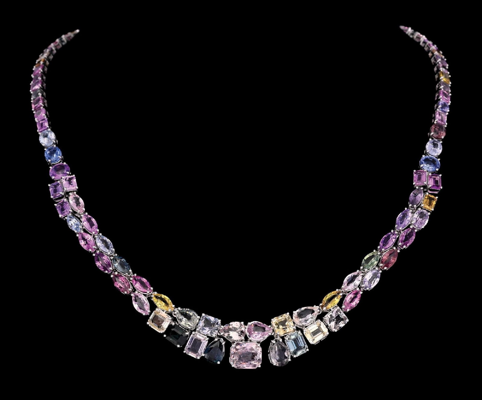 PLATINUM 62CT TW UNHEATED SAPPHIRE NECKLACE W/GIA REPORT: Ladies' platinum multi-color unheated sapphire (61.92ctw) necklace accompanied by an original GIA sapphire report and an GGA appraisal report with an ERRV of $120,540.00 (See additional website images