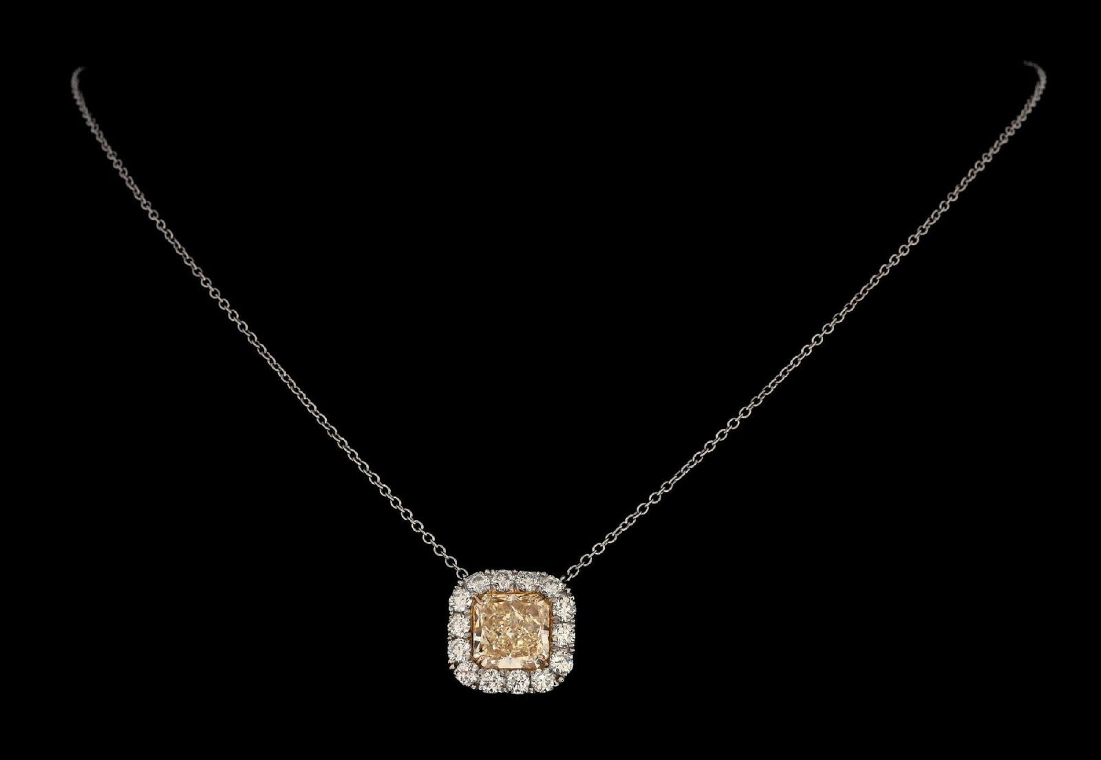PLATINUM 4CT DIAMOND NECKLACE W/GIA REPORT: Ladies' platinum and 18k gold yellow diamond (4.01ct, S/T, VS2) and white diamond (1.45ctw) necklace accompanied by an original GIA natural diamond grading report (See additional website images of rep