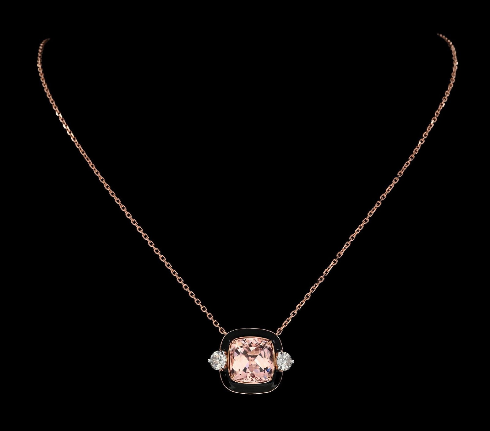 14K ROSE GOLD MORGANITE & DIAMOND NECKLACE W/REPORT: Ladies' 14k rose gold morganite (6.65ct) and diamond (0.99ctw) enameled necklace accompanied by an original AIGL appraisal report with an ERRV of $20,370.00 (See additional website images of report