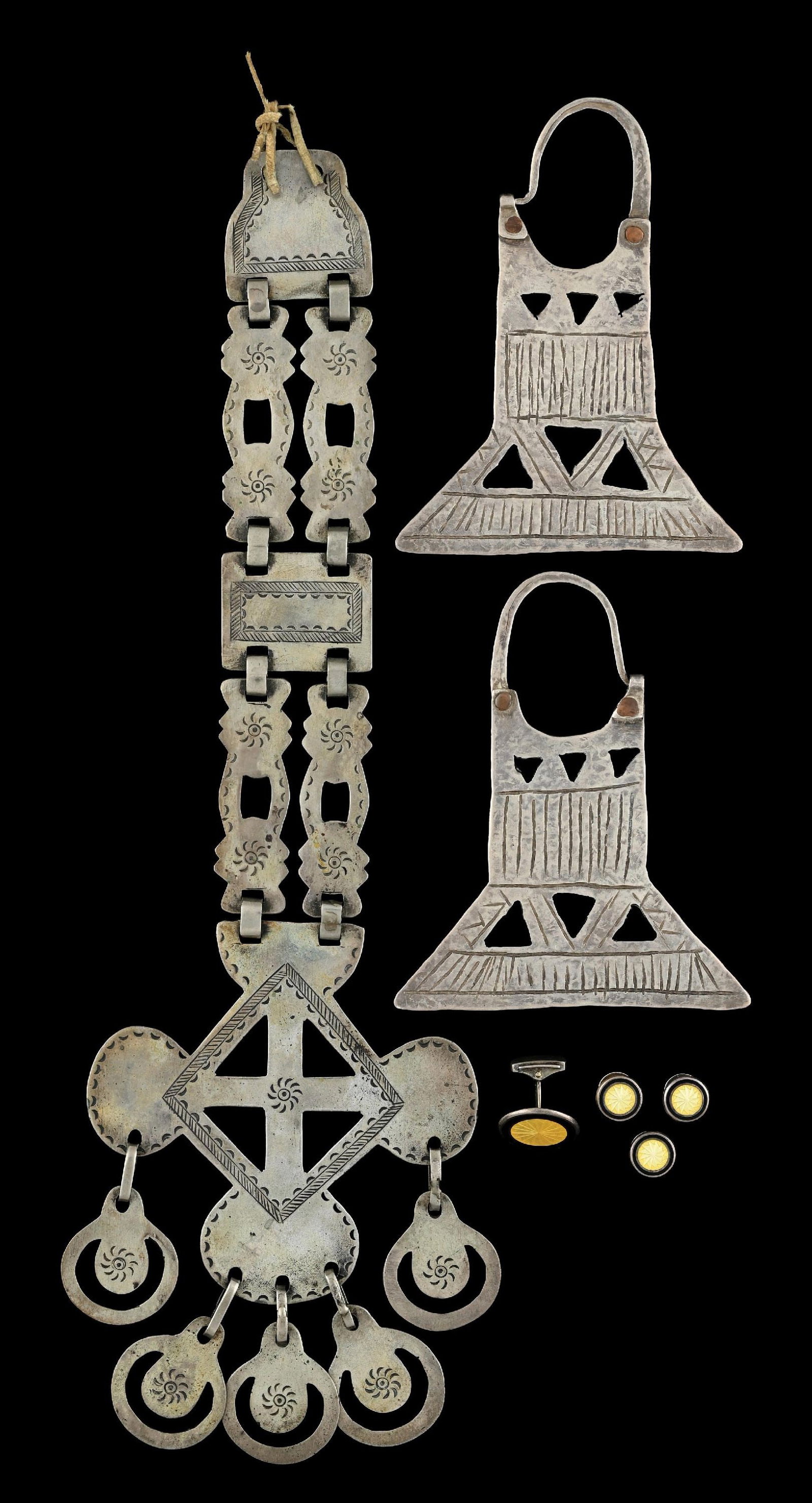 COLLECTION OF 7: VARIOUS STERLING SILVER JEWELRY PIECES: Collection of 7: Various sterling silver including a large pair of handmade earrings, a large antique chased medallion measuring 12" in length, 3 enameled shirt studs and a matching single cufflink. G