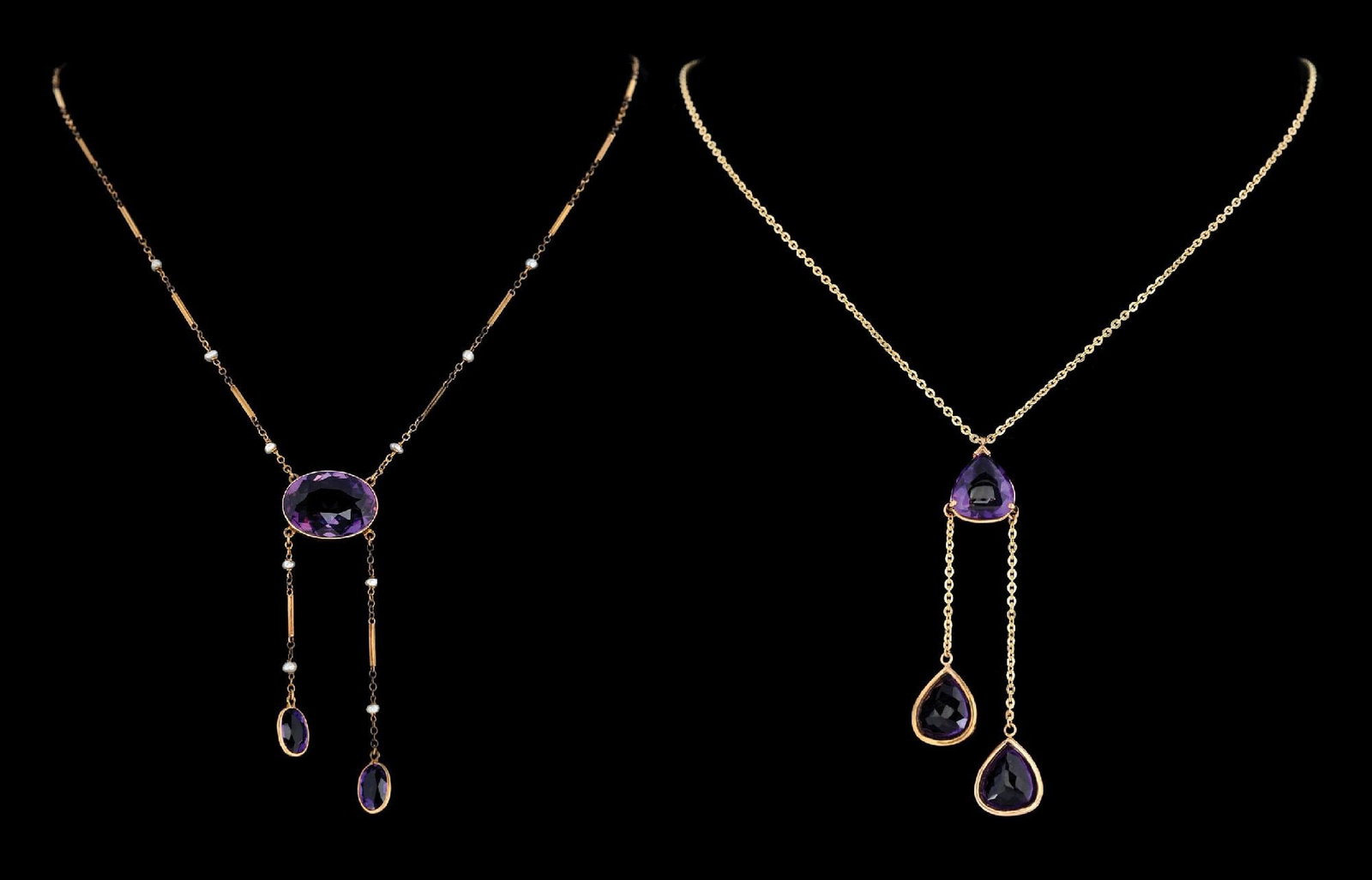 COLLECTION OF 2: 14K GOLD AMETHYST NECKLACES: Collection of 2: Ladies' 14k yellow gold amethyst necklaces. Gross weight is 14.5 grams. Both chains measure 16" in length, and both marked "14K". Condition: (Very Good). Dimensions: