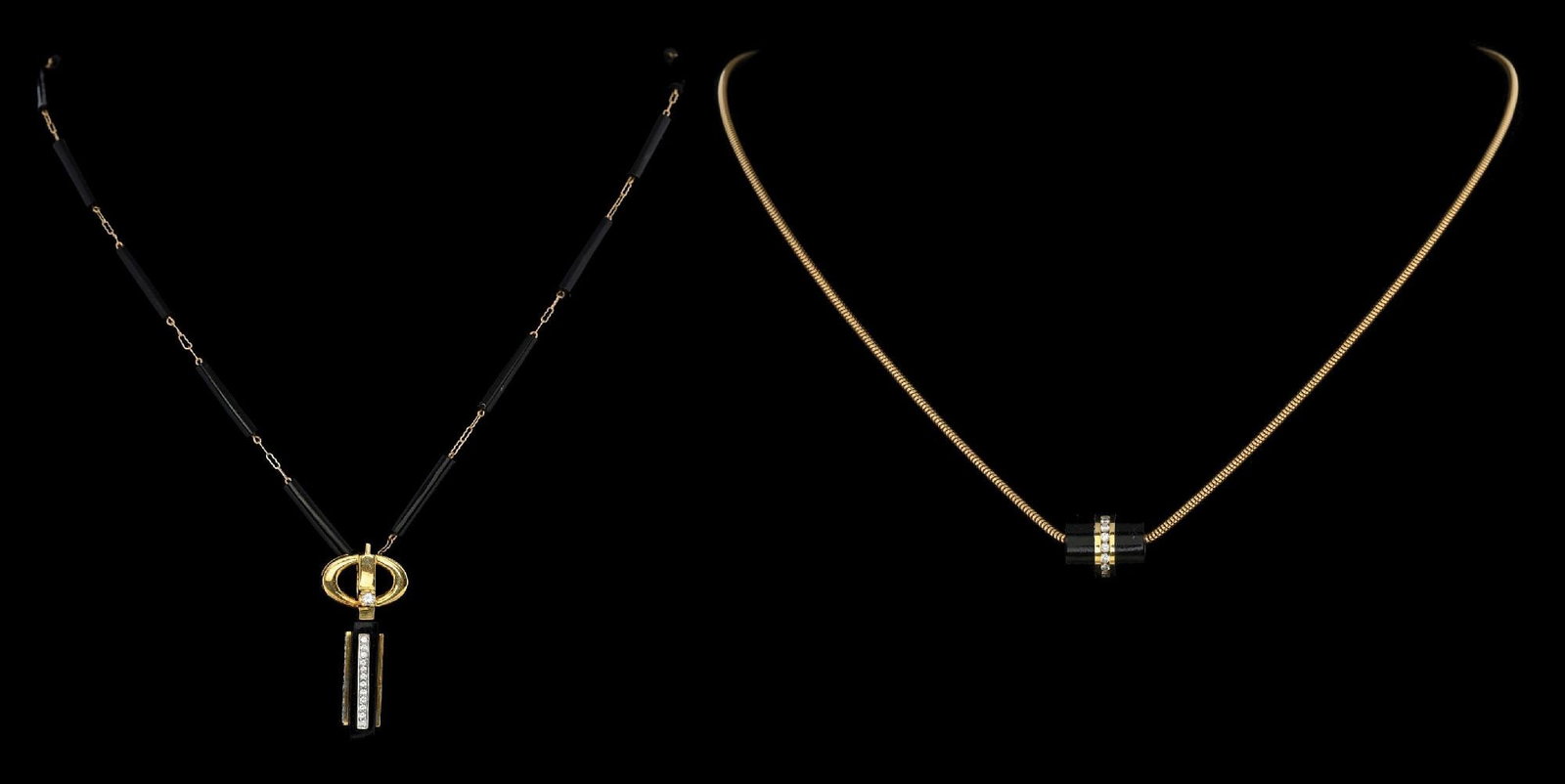 COLLECTION OF 2: 18K GOLD HAWAIIAN BLACK CORAL & DIAMOND NECKLACES: Collection of 2: Ladies' 18k yellow gold Hawaiian black coral and diamond necklaces. Gross weight is 22.3 grams. Snake chain and drop pendant both marked "18K". Snake chain measures 18" in length.