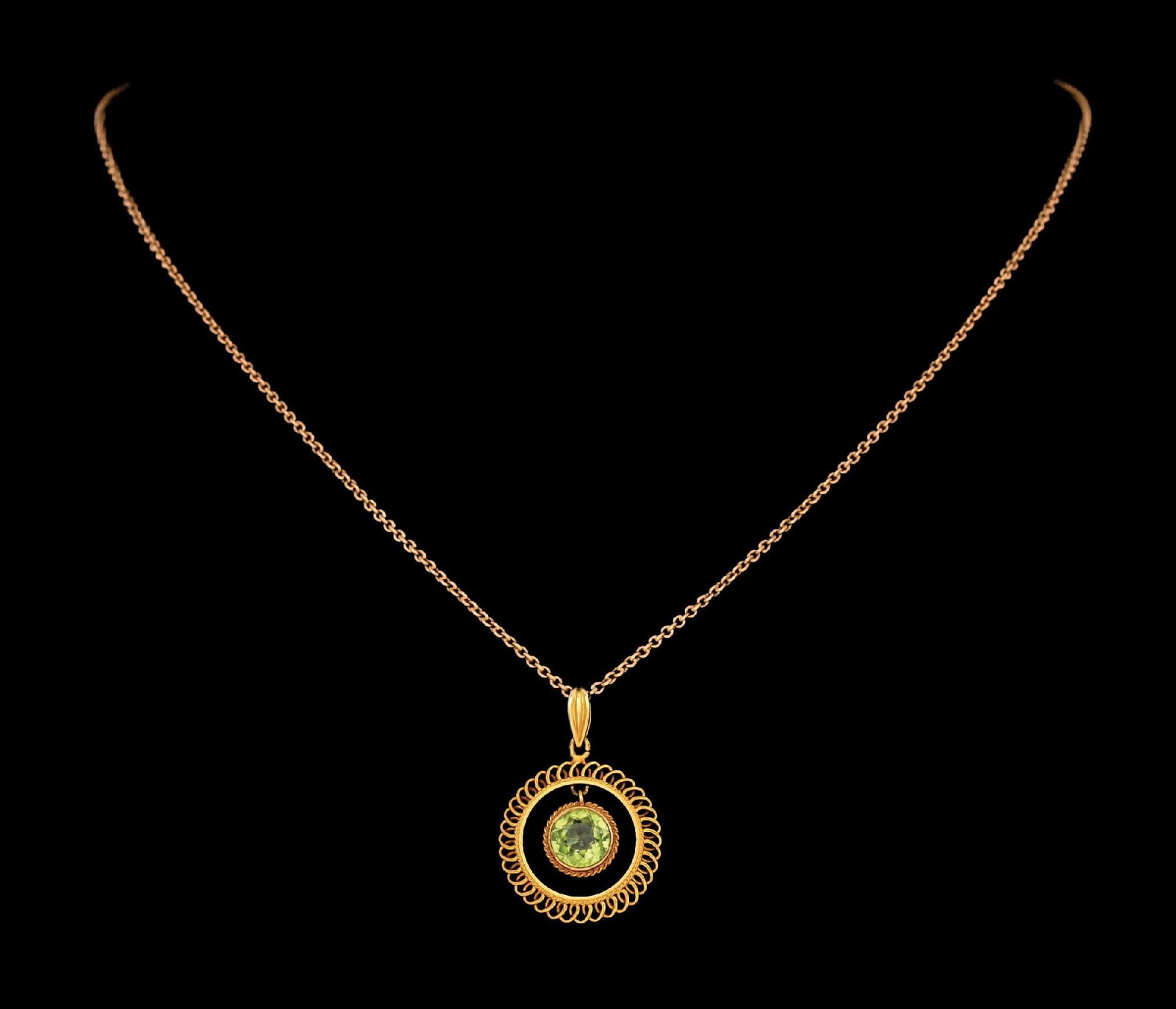 ANTIQUE 18K PERIDOT PENDANT & 14K CHAIN: Ladies' antique yellow gold peridot pendant and chain. Unmarked. Chain tested electronically to be 14k, pendant tested to be 18k. Length measures 16" plus 1" drop pendant. Gross weight is 5.3 grams.