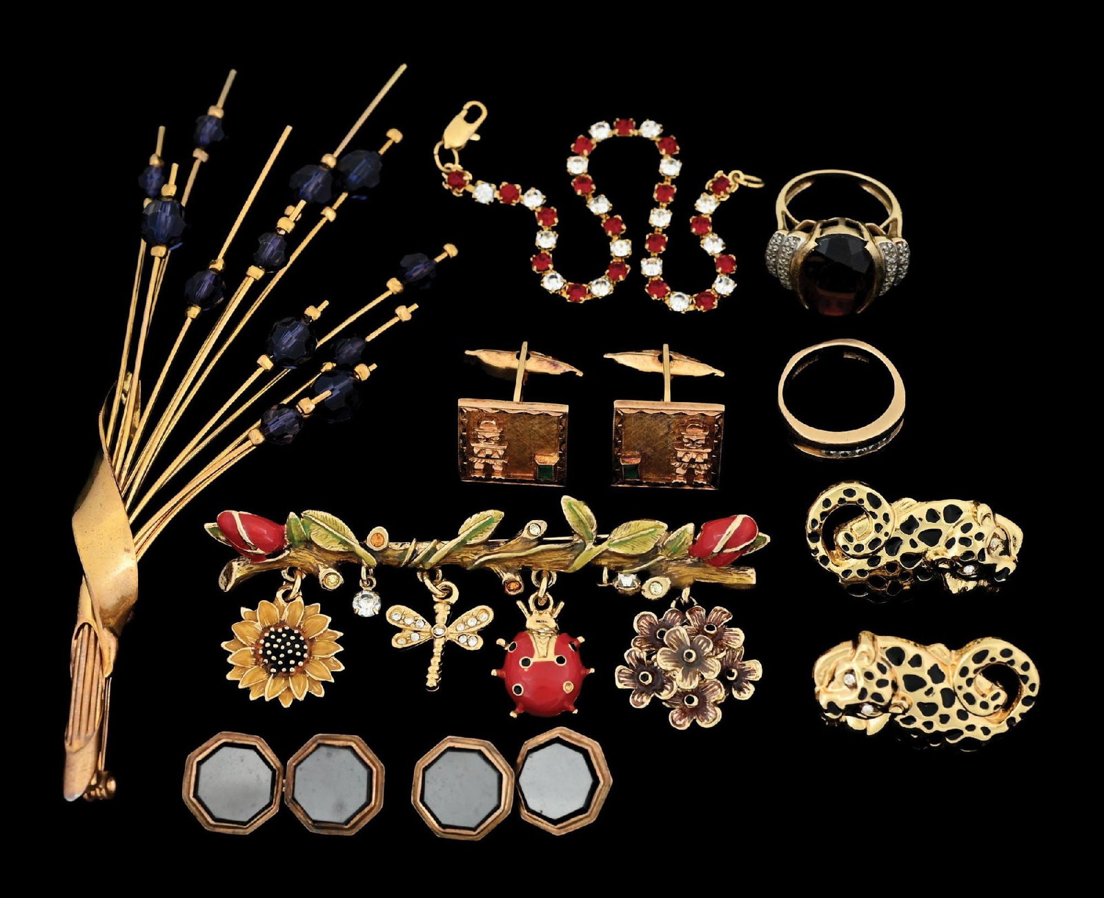 MIXED COLLECTION OF VARIOUS GOLD & COSTUME JEWELRY: Mixed collection jewelry including one pair of 18k yellow gold and emerald cufflinks (14.5g), one 14k yellow gold garnet and diamond ring (6.6g), one 14k yellow gold channel set diamond band (5.6g), o