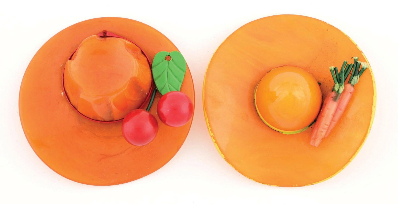 COLLECTION OF 2: BAKELITE HAT PINS W/ FRUIT & VEGETABLE DECOR (1 of 2)