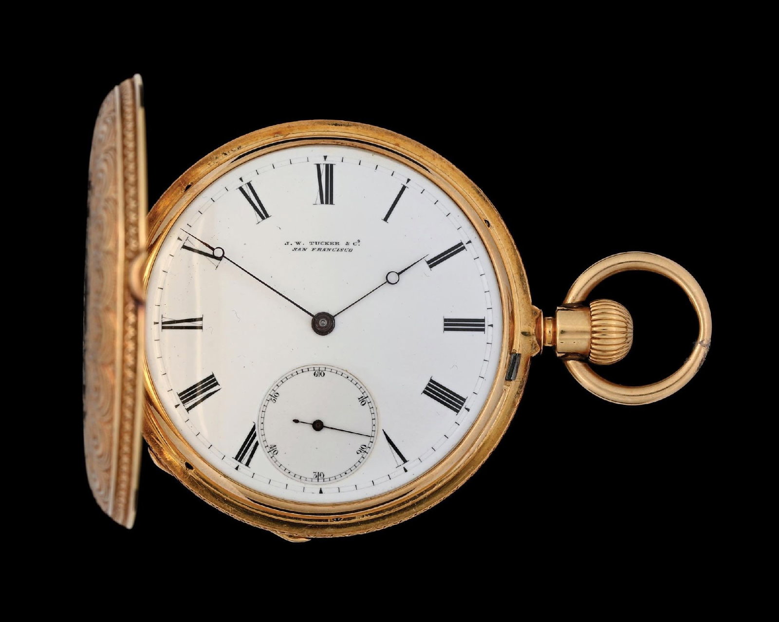18K PATEK PHILIPPE FOR J.W. TUCKER & CO, SAN FRANCISCO H/C POCKET WATCH, C.1867: Fine 18k yellow gold private label Patek Philippe for J.W. Tucker & Co., San Francisco, beautifully engraved and chased hunting cased pocket watch. Case No. 31565. The following information is taken d