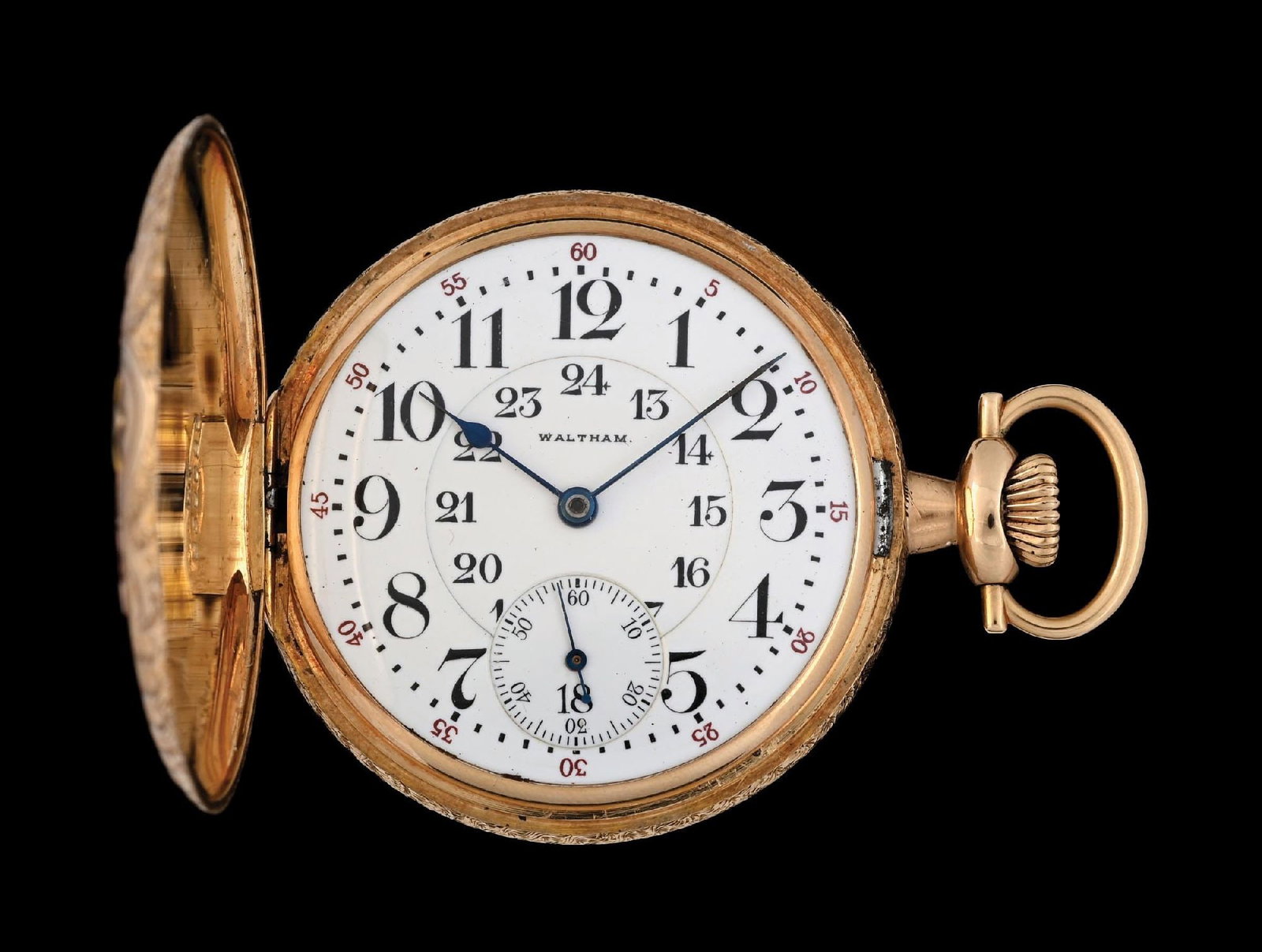 14K MULTI-COLOR WALTHAM H/C POCKET WATCH DECORATED W/BIRD & FLOWERS: 14k multi-color gold Waltham hunting cased pocket watch. Movement serial number: 18084799. C. 1908. 23j. 16s. Gross weight is 106.5 grams. Running. Condition: (Excellent). Dimensions: