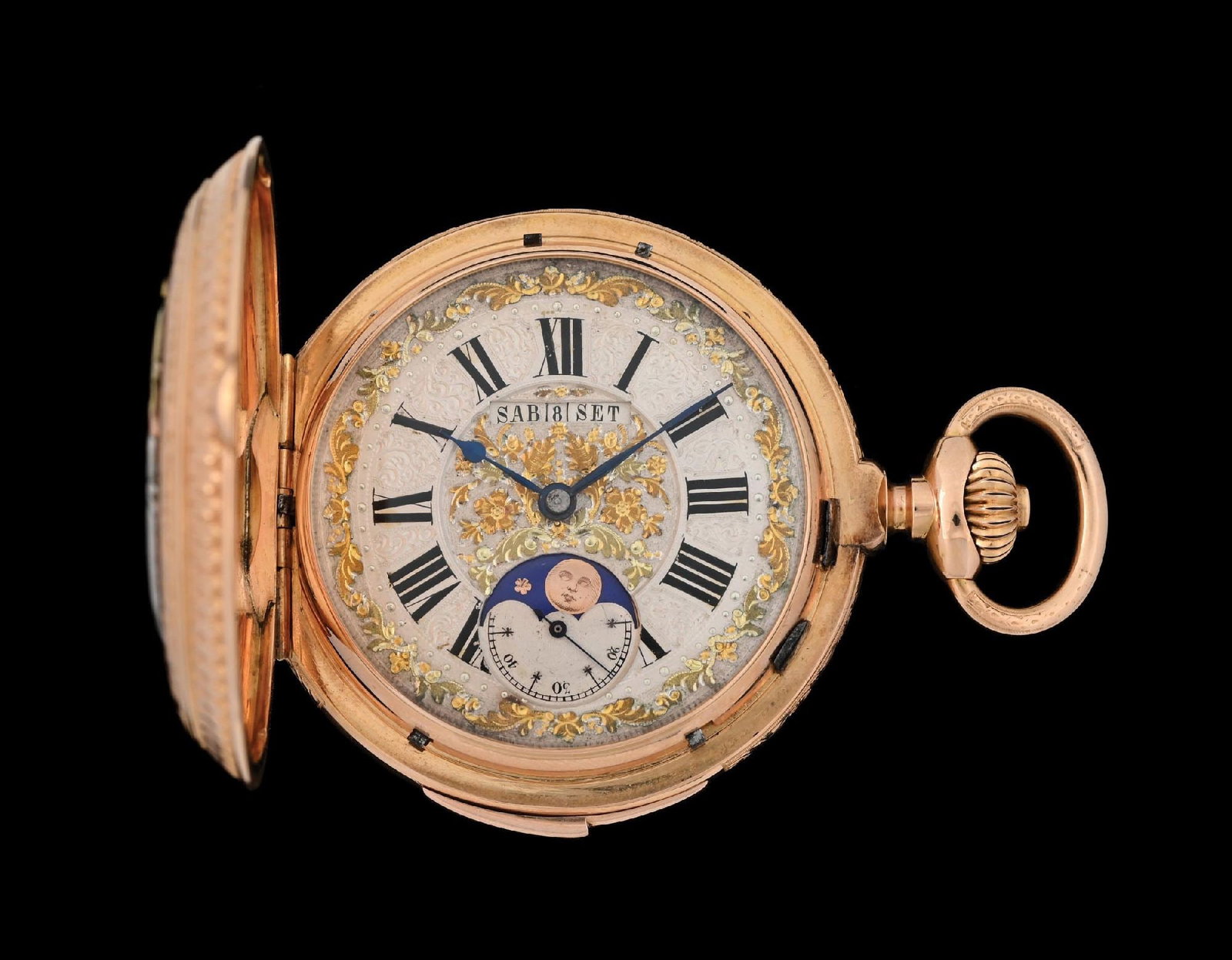 18K GOLD GEROME HOFF & SON QUARTER-HOUR REPEATING TRIPLE DATE CALENDAR H/C MOON PHASE POCKET WATCH (1 of 9)