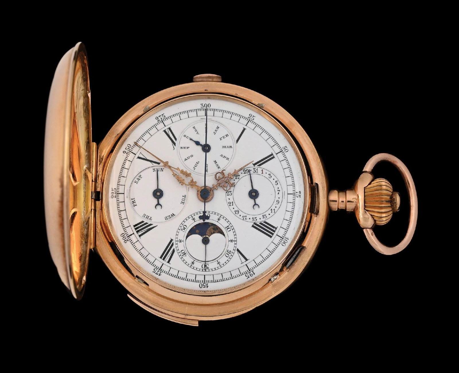 18K PINK GOLD FAVRE GRAND COMPLICATIONS QUARTER REPEATING TRIPLE DATE CHRONOGRAPH H/C POCKET WATCH: 18K Pink Gold Favre, Geneva, Switzerland, Grand Complications, Quarter-Hour Repeating Chronograph, Triple-Date Calendar Hunter Case Pocket Watch with Moon Phases, c. 1890. Keyless lever-set. Heavy sav