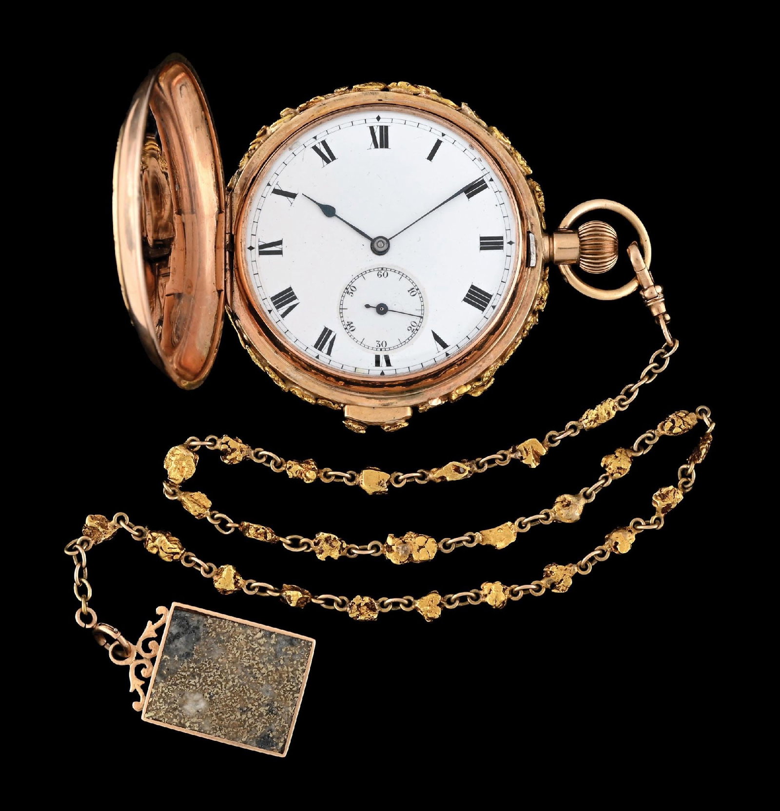 9K PINK GOLD H/C QUARTER-REPEATING POCKET WATCH WITH NUGGET CHAIN & GOLD-QUARTZ FOB (1 of 9)