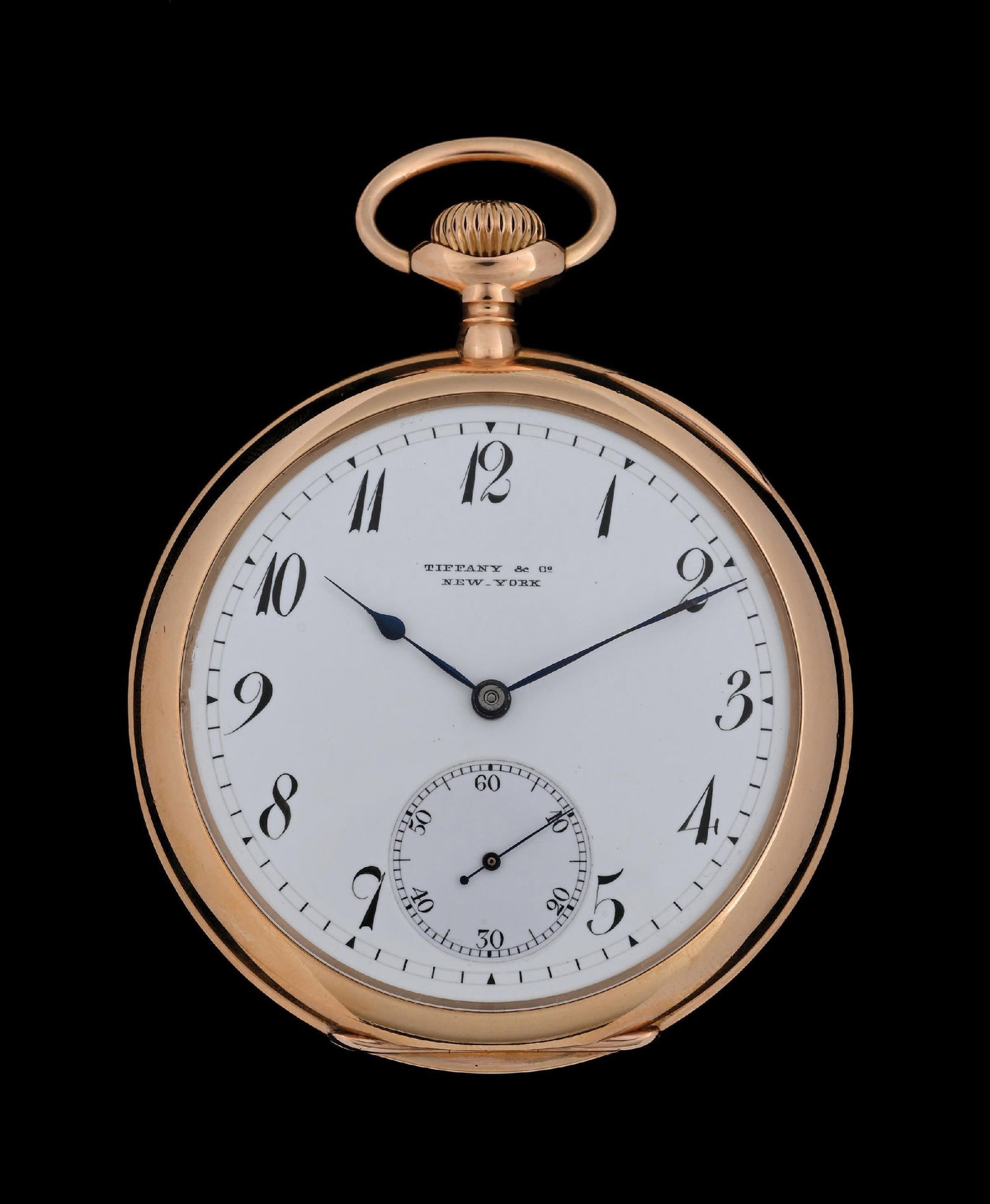 18K GOLD TIFFANY & CO SWISS O/F TRANSITIONAL POCKET WATCH, C. 1891: 18K Gold Tiffany & Co. Triple-Signed, Swiss Open Face Transitional-Wind Pocket Watch, C. 1891. Most likely made for Tiffany by Patek Philippe. Case is monogrammed on back cover, marked "18K" and numbe
