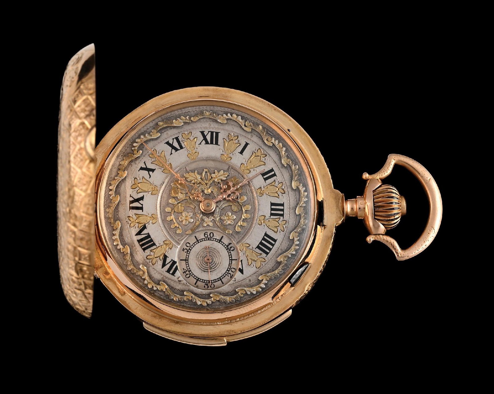 18K GOLD LA PEARLA, GENEVE, SWISS MINUTE REPEATER H/C POCKET WATCH W/ORNATE SILVER DIAL: 18K Gold La Pearla, Geneve, Switzerland, Minute Repeater Hunter Case Pocket Watch with Ornate Silver Dial, c. 1880s. Beautifully hand-engraved quilted and stippled case decorated with dragon heads and