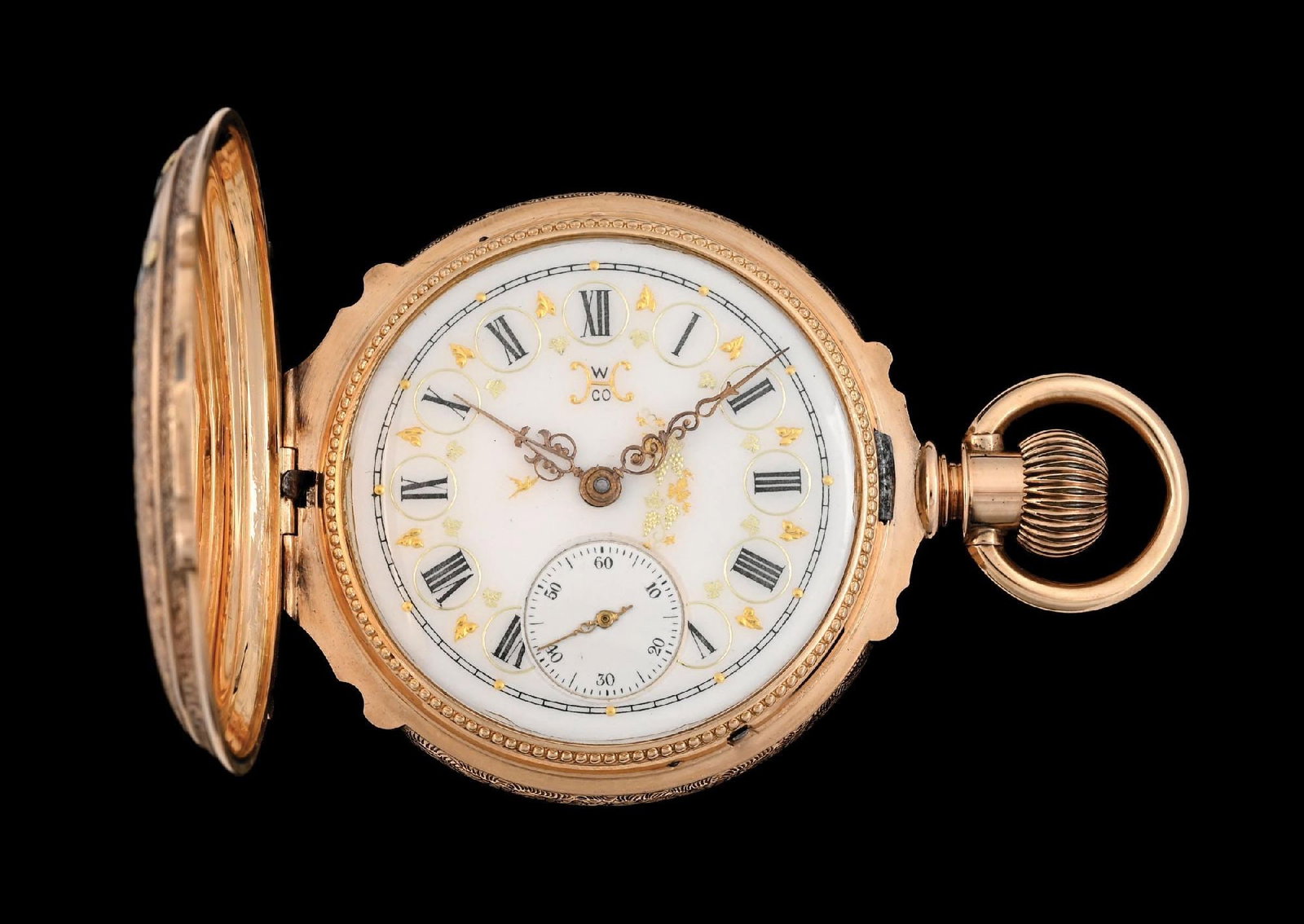 14K MULTI-COLOR GOLD HAMPDEN BOX HINGE H/C DIAMOND POCKET: 14K multi-color gold Hampden Watch Co, Canton, Ohio, John C. Dueber Special, Model 2, heavy box-hinge hunting cased pocket watch with one diamond set into case. Movement number 700011, 18s 17j. C. 189