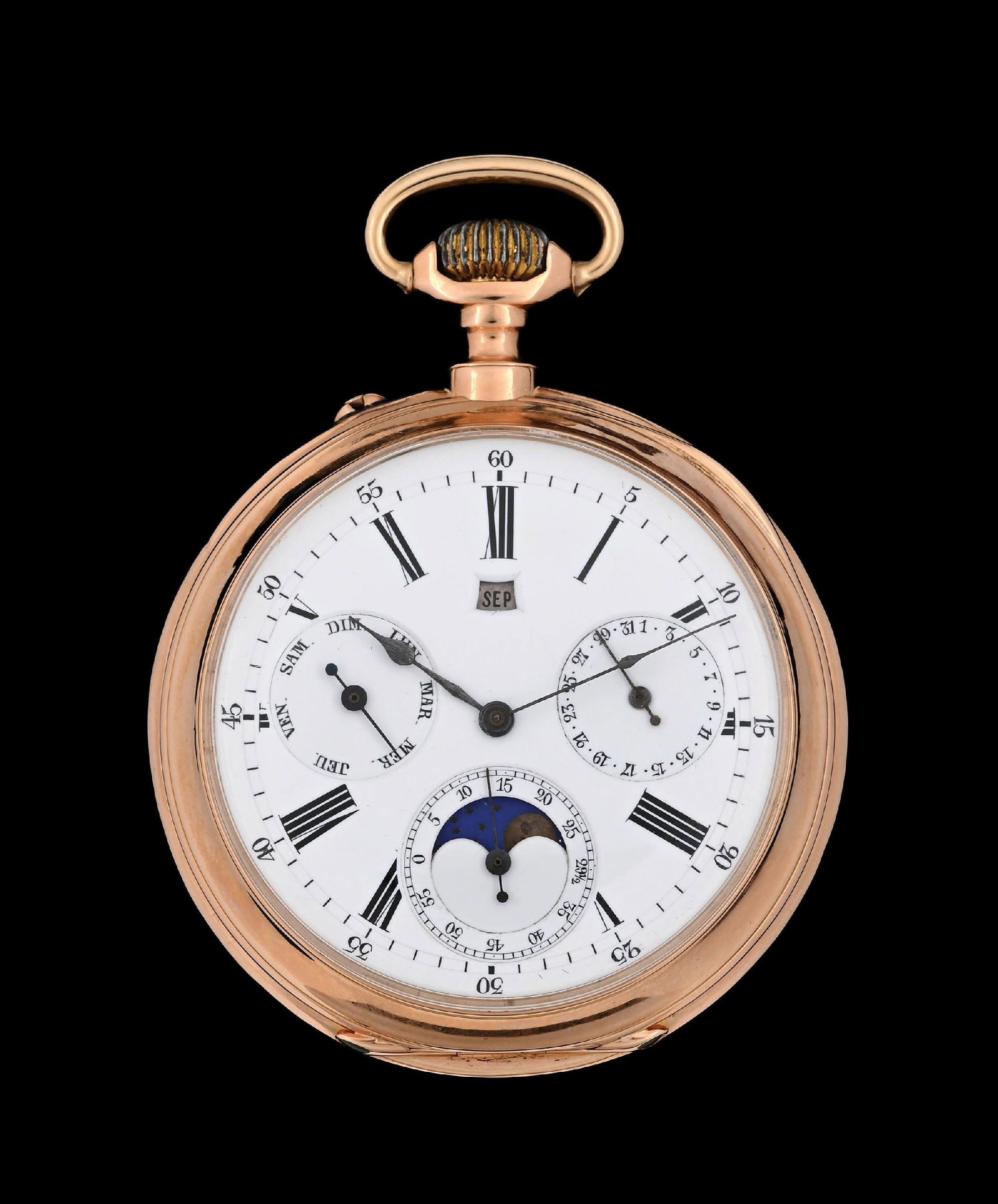 14K PINK GOLD A. JACOT, SWISS TRIPLE DATE CALENDAR O/F POCKET WATCH W/MOON PHASES: 14K Pink Gold A. Jacot, Locle, Switzerland, Triple Date Calendar Open Face Pocket Watch with Moon Phases C. 1880s. Case numbered and initialed with case maker mark. Signed and numbered cuvette. Pin-se