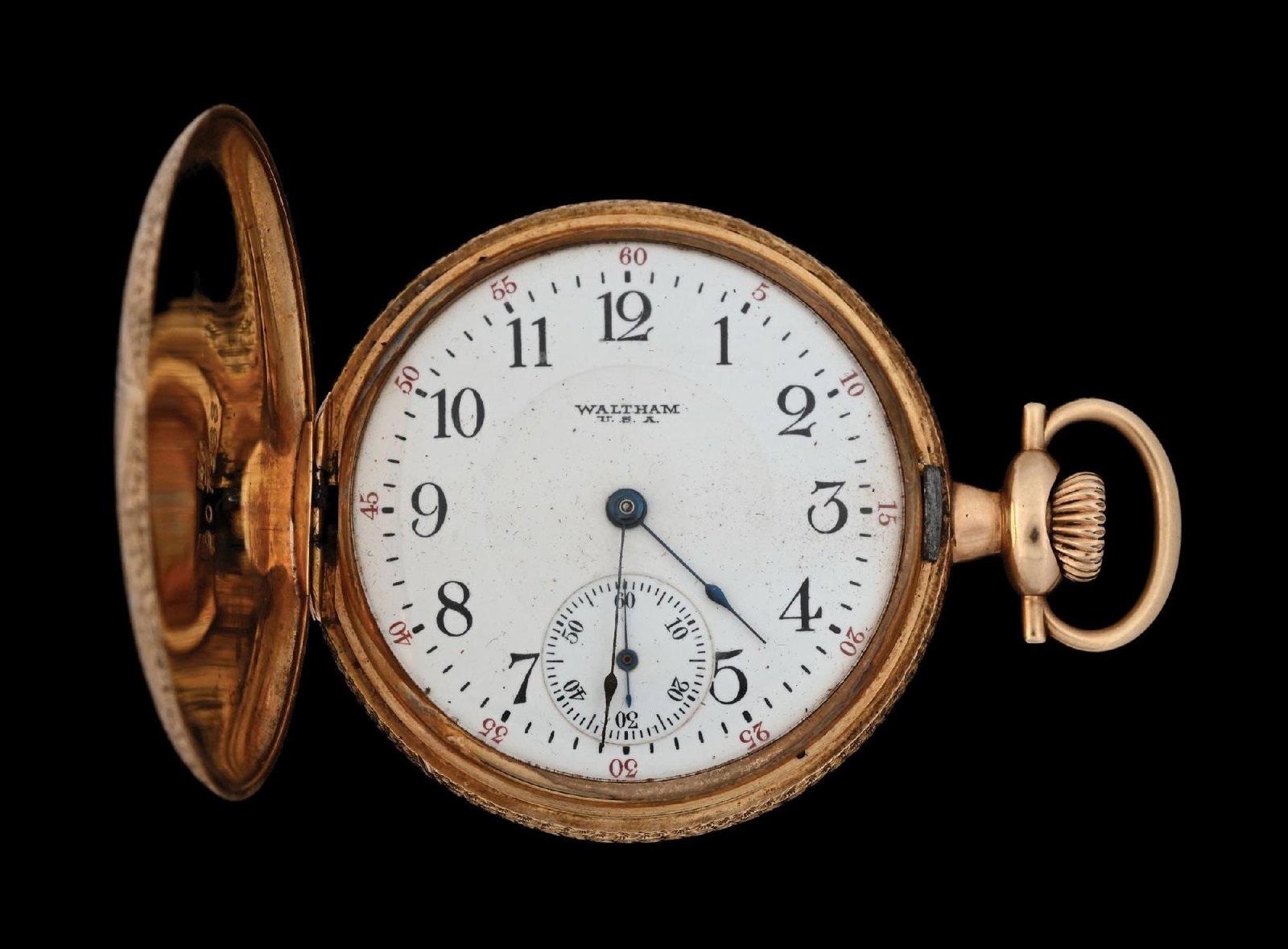 14K MULTI-COLOR WALIHAM H/C DIAMOND POCKET WATCH: 14k multi-color gold Waltham hunting cased pocket watch set with 11 round old mine-cut diamonds. Movement serial number 22244070. C. 1918. 16s, 17j. Gross weight is 104.8 grams. Runs, but stops. Condi
