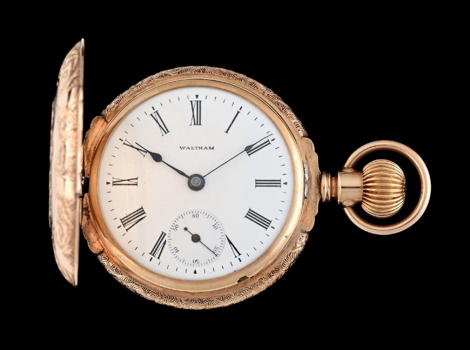 14K MULTI-COLOR WALTHAM H/C BOX HINGE POCKET WATCH DECORATED W/BIRD & FLOWERS: 14k multi-color gold Waltham hunting cased box-hinge pocket watch. Movement serial number: C. 1899. 7j. 18s. Gross weight is 147.4 grams. Running. Condition: (Excellent). Dimensions: