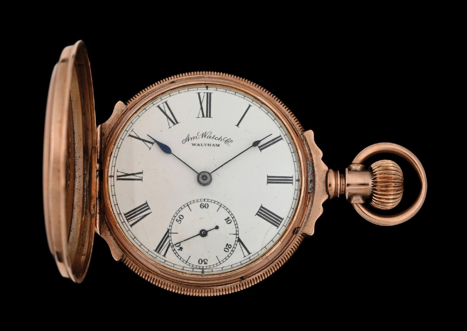 14K GOLD WALTHAM ENGRAVED H/C BOX-HINGE POCKET WATCH: 14k gold Waltham engraved hunting cased box-hinge pocket watch. Movement serial number 3281294. C. 1884. 7j. 14s. Gross weight is 103.2 grams. Runs, but stops. Condition: (Very Good). Dimensions: