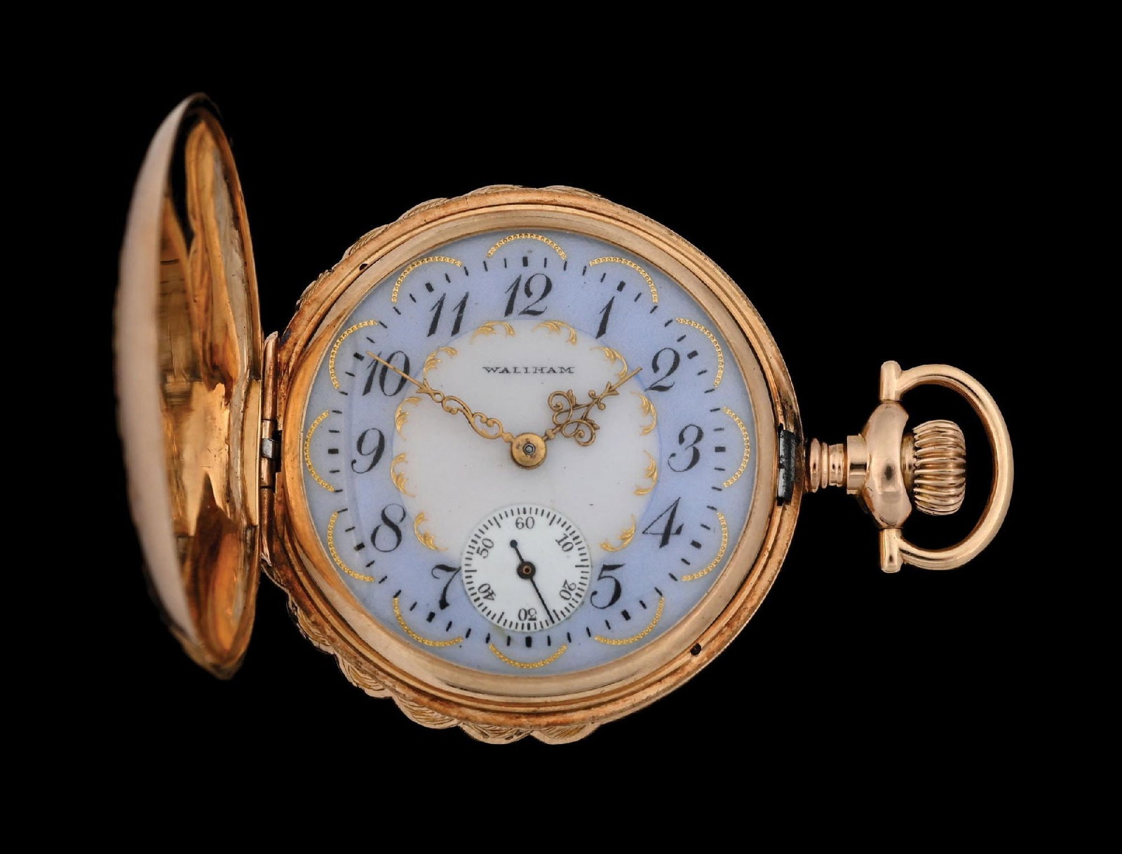 14K MULTI-COLOR WALTHAM H/C POCKET WATCH DECORATED W/STAG & FLOWERS: 14k multi-color gold Waltham hunting cased pocket watch. Movement serial number 15481324. C. 1907. 15j. 0s. Gross weight is 36.5 grams. Runs, but stops. Condition: (Very Good). Dimensions: