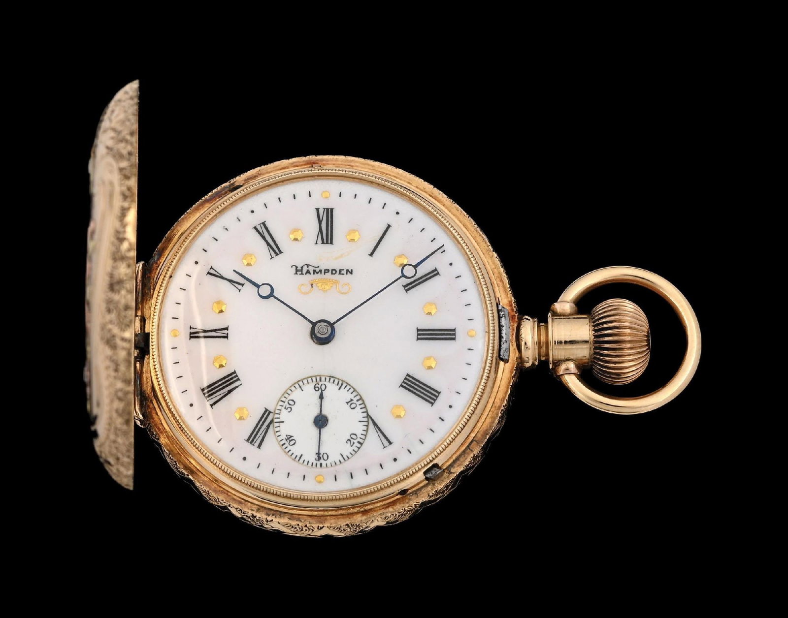 14K GOLD WALTHAM DECORATED H/C POCKET WATCH: 14k yellow gold Waltham 42mm hunting cased pocket watch decorated with sailboat scenic engraving to back cover. Movement serial number 2372318. C. 1884. 8s, 7j. Gross weight is 59.9 grams. Monogram to