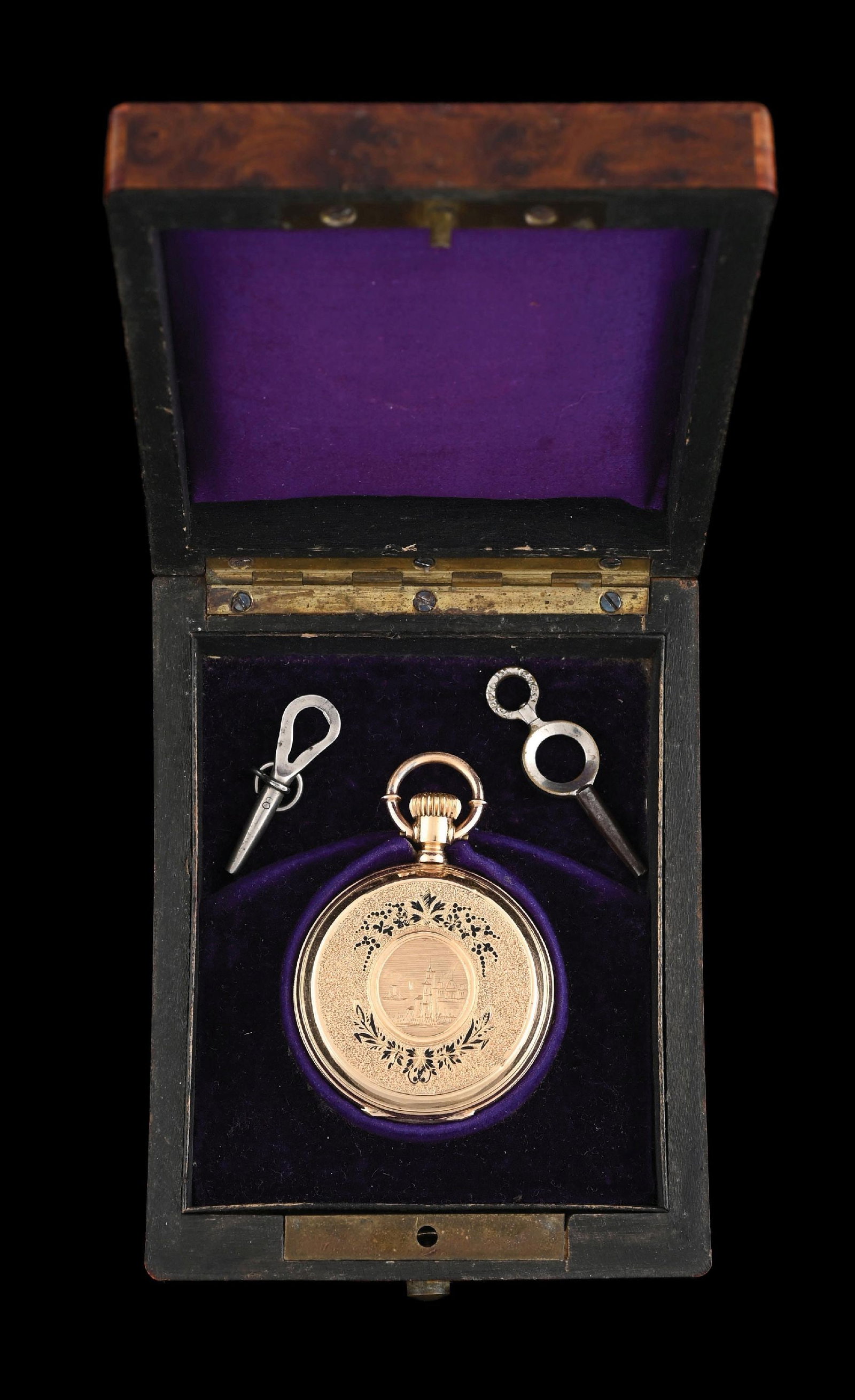 14K GOLD EMILE JACOT H/C POCKET WATCH W/FITTED CASE & KEYS (1 of 11)