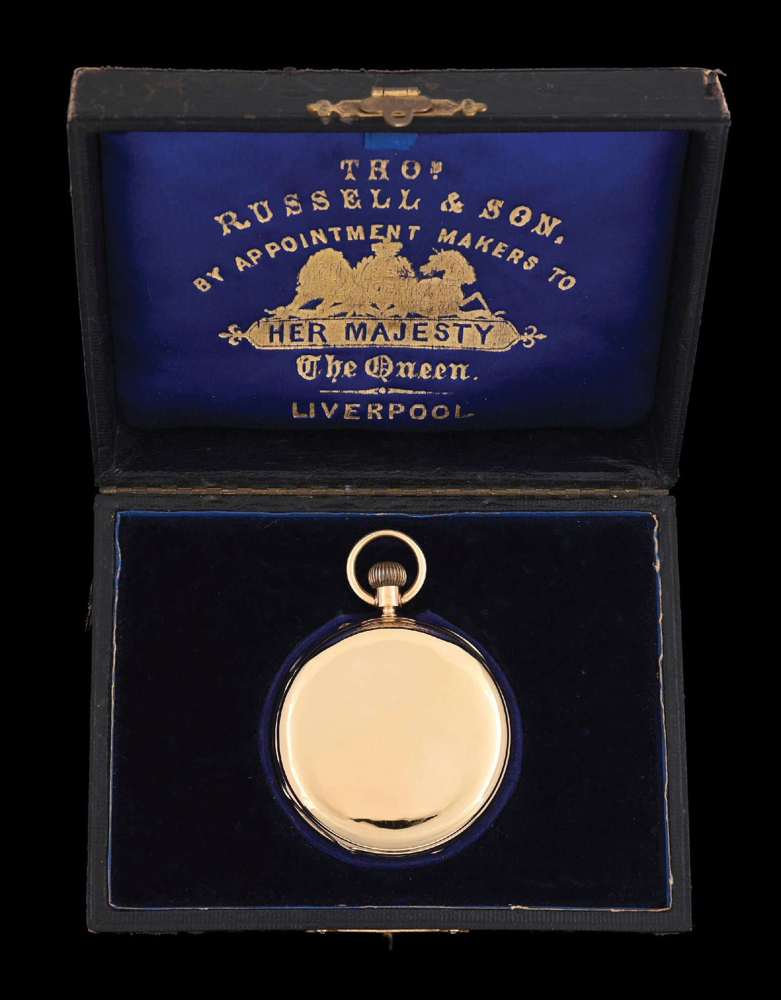 18K GOLD THOMAS RUSSELL & SON LIVERPOOL H/C POCKET WATCH: 18K Gold Triple-Signed Thomas Russell & Son, Liverpool, 58mm Chronograph Centre Seconds hunting cased, Pocket Watch with Retrograde Wind Indicator and Original Case. Sliding switch at 5 o'clock on out