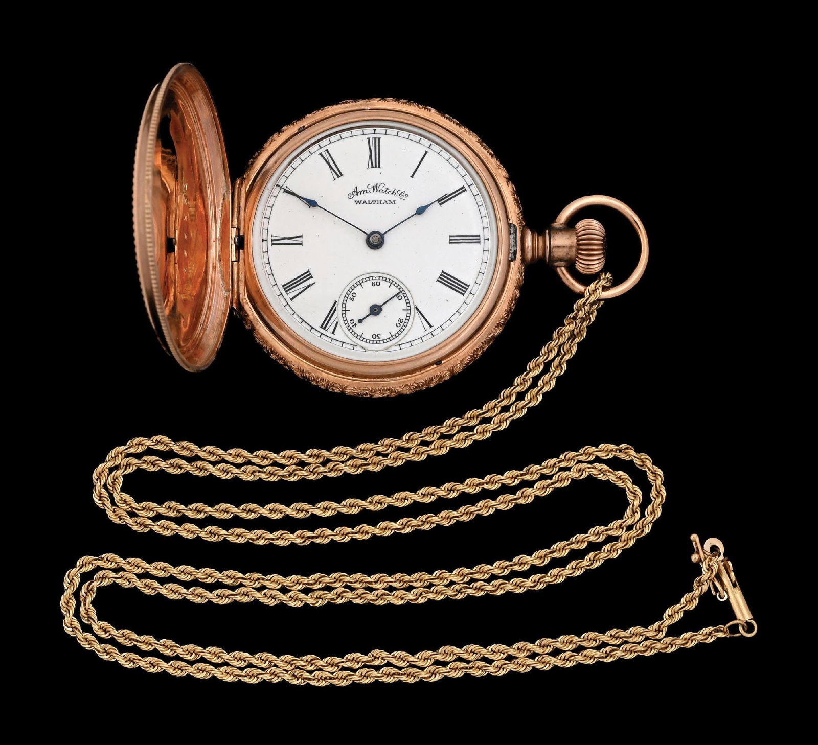 14K GOLD WALTHAM H/C POCKET/PENDANT WATCH W/ROPE CHAIN: 14k yellow gold Waltham hunting cased pocket watch with Seaside grade 9 jewel, size 1 movement, no. 3792871, c. 1889. Case diameter measures 36mm. Watch is hanging on a solid 14k yellow gold 2mm rope 