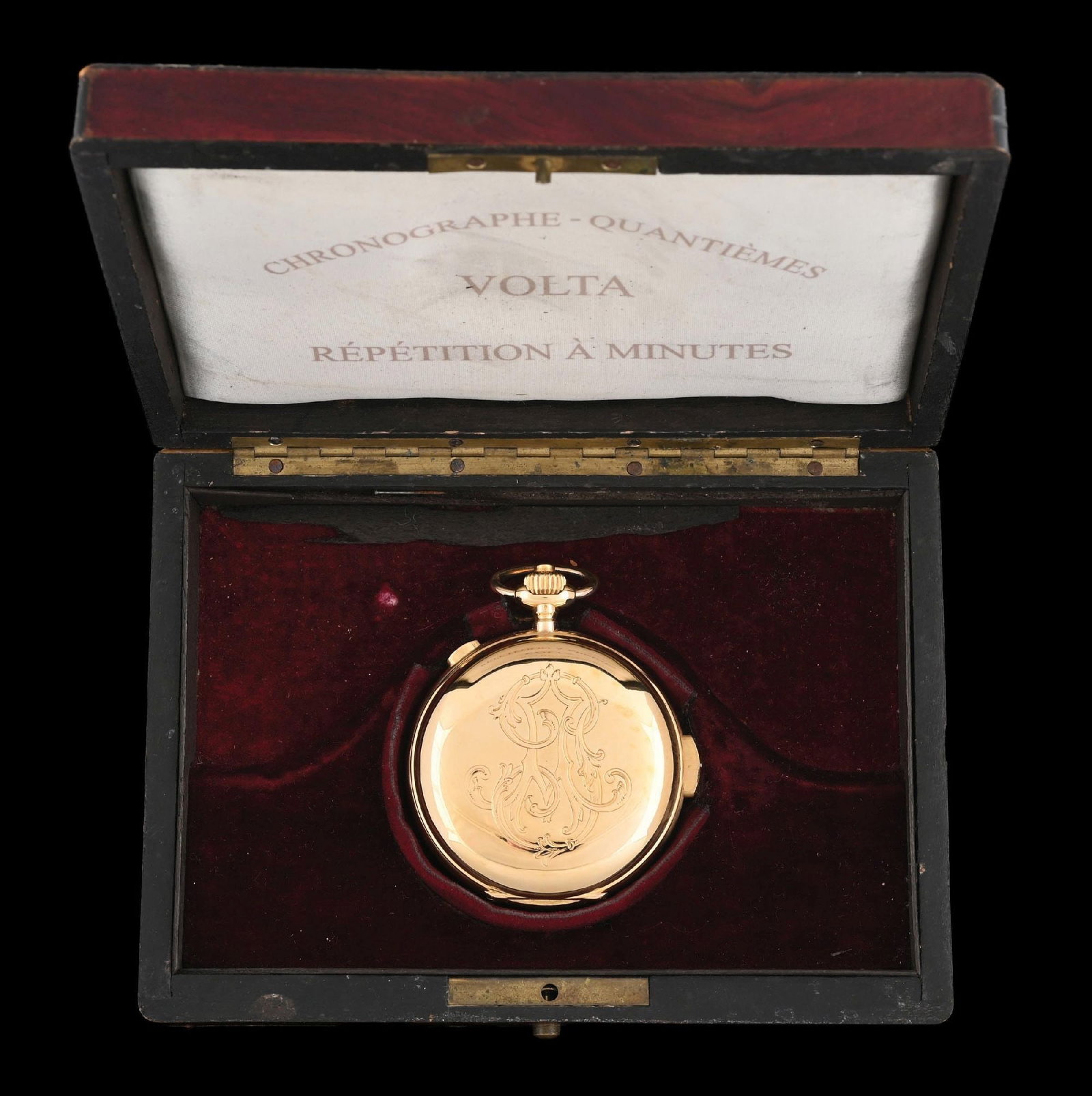 18K GOLD VOLTA MINUTE REPEATING CHRONOGRAPH H/C POCKET WATCH W/BOX: 18k yellow gold Volta, 58mm Swiss Grand Complications, Minute Repeating Triple-Date Calendar Chronograph Hunter Case Pocket Watch with Moon Phases & Case, c. 1890s. Monogrammed case is fully hallmarke