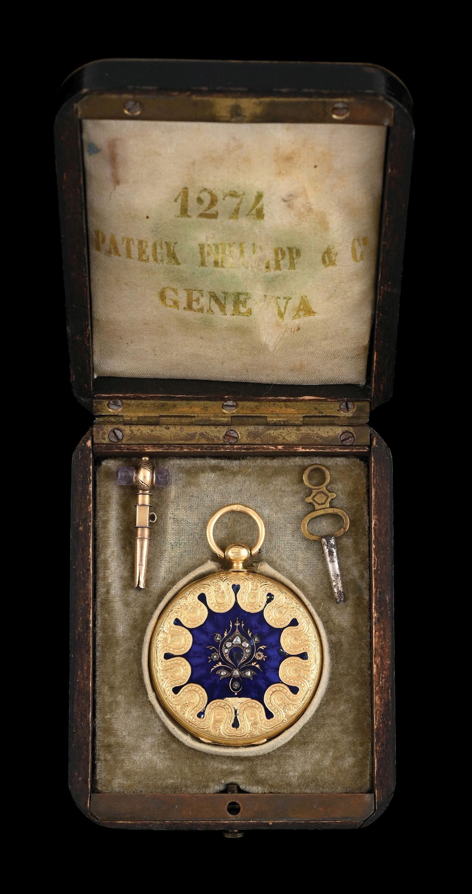 18K GOLD GUILLOCHE ENAMELED SWISS H/C POCKET WATCH W/BOX (1 of 10)