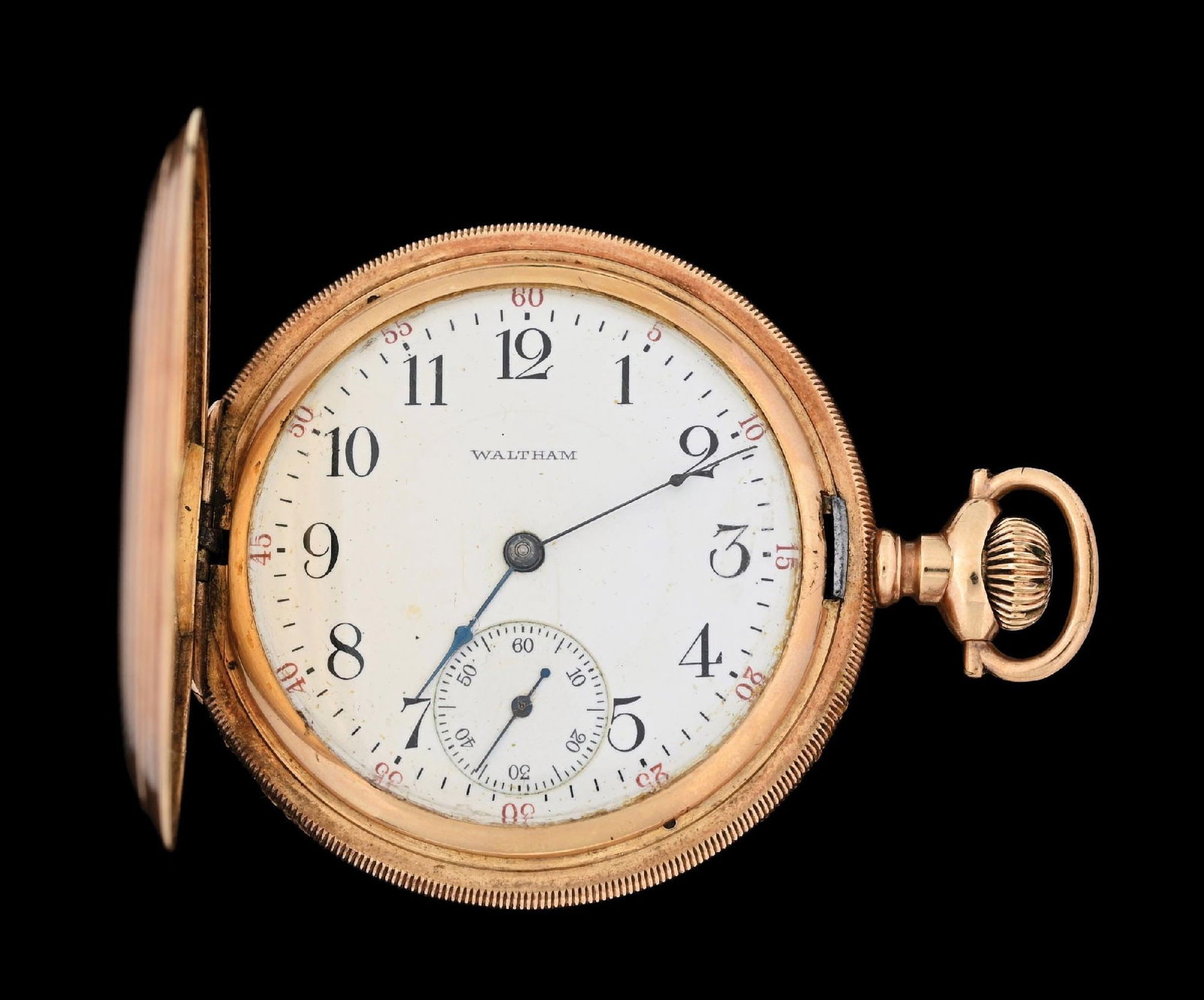 14K GOLD WALTHAM P.S. BARTLETT H/C POCKET WATCH: 14k yellow gold Waltham hunting cased pocket watch with P.S. Bartlett grade 17 jewel, size 16 movement, no. 17176316, c. 1908. Case diameter measures 52mm. Gross weight is 96.1 grams. Some minor wavin