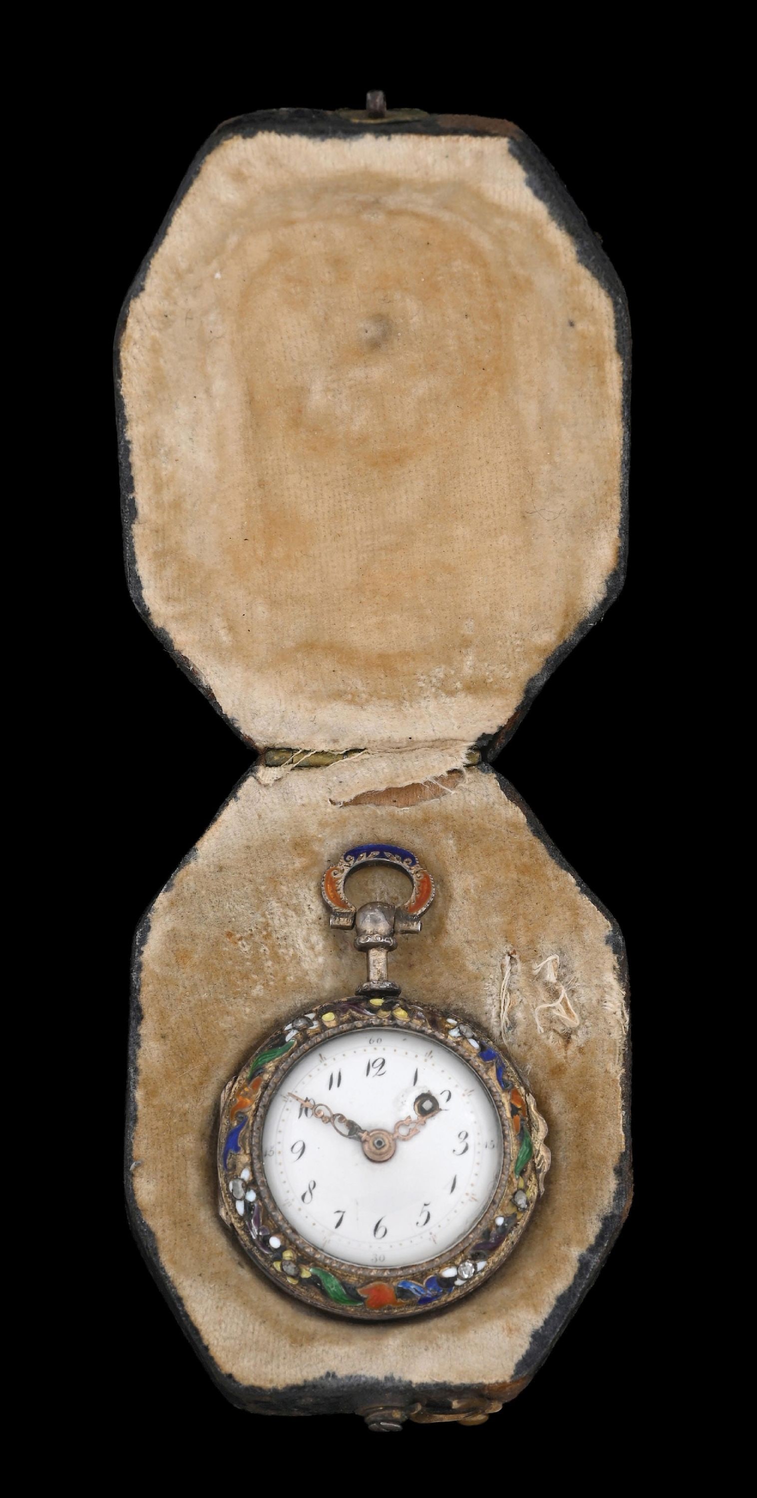 AMALIE A GENEVE SILVER ENAMELED WATCH W/CASE & KEYS: Antique silver gilt and enamel early 19th century small open face verge key wind movement pocket/pendant watch with rose cut diamonds. Dial is loose with chipping around keyhole. Movement marked "Amal