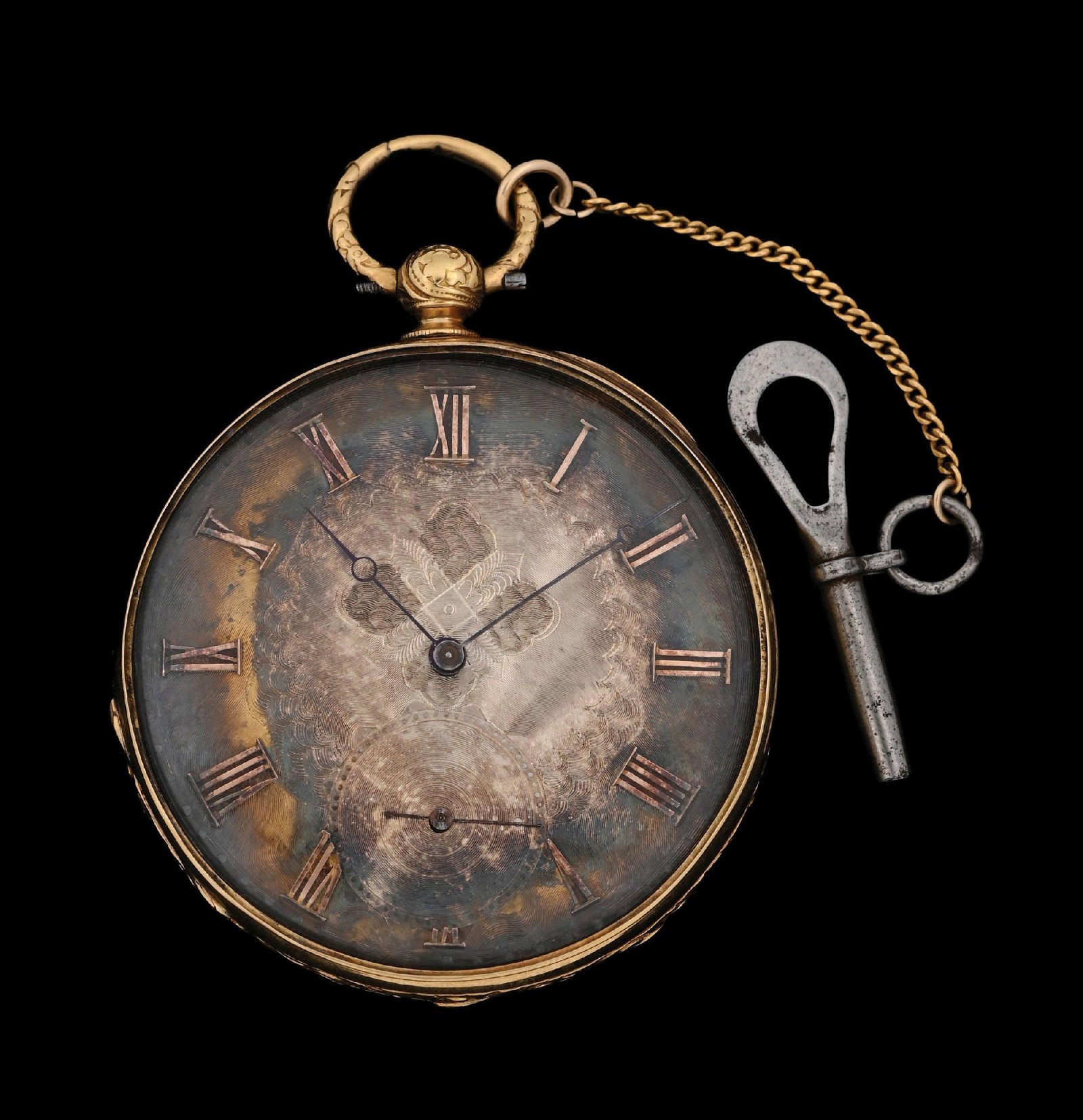 18K GOLD FERDINAND BONNET, GENEVA O/F POCKET WATCH W/KEY.: 18k yellow gold Ferdinand Bonnet, Geneva, Switzerland open face key-wind pocket watch with engraved silver dial. Case is hallmarked, untested. 13j. No. 8957. Case diameter is 46mm. Gross weight is 71.