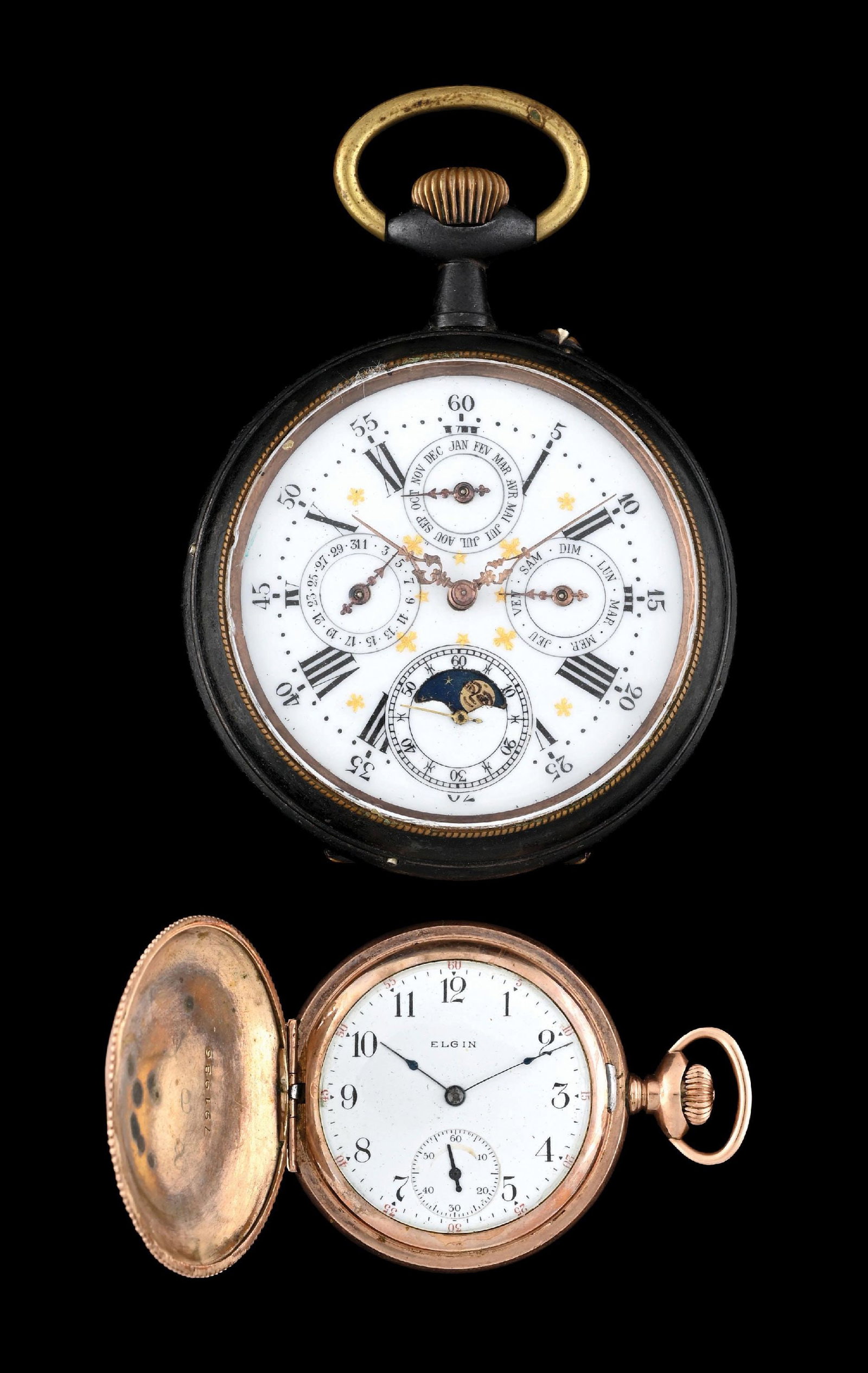 COLLECTION OF 2 POCKET WATCHES: SWISS TRIPLE-CALENDAR MOONPHASE & ELGIN GF H/C POCKET WATCHES (1 of 3)