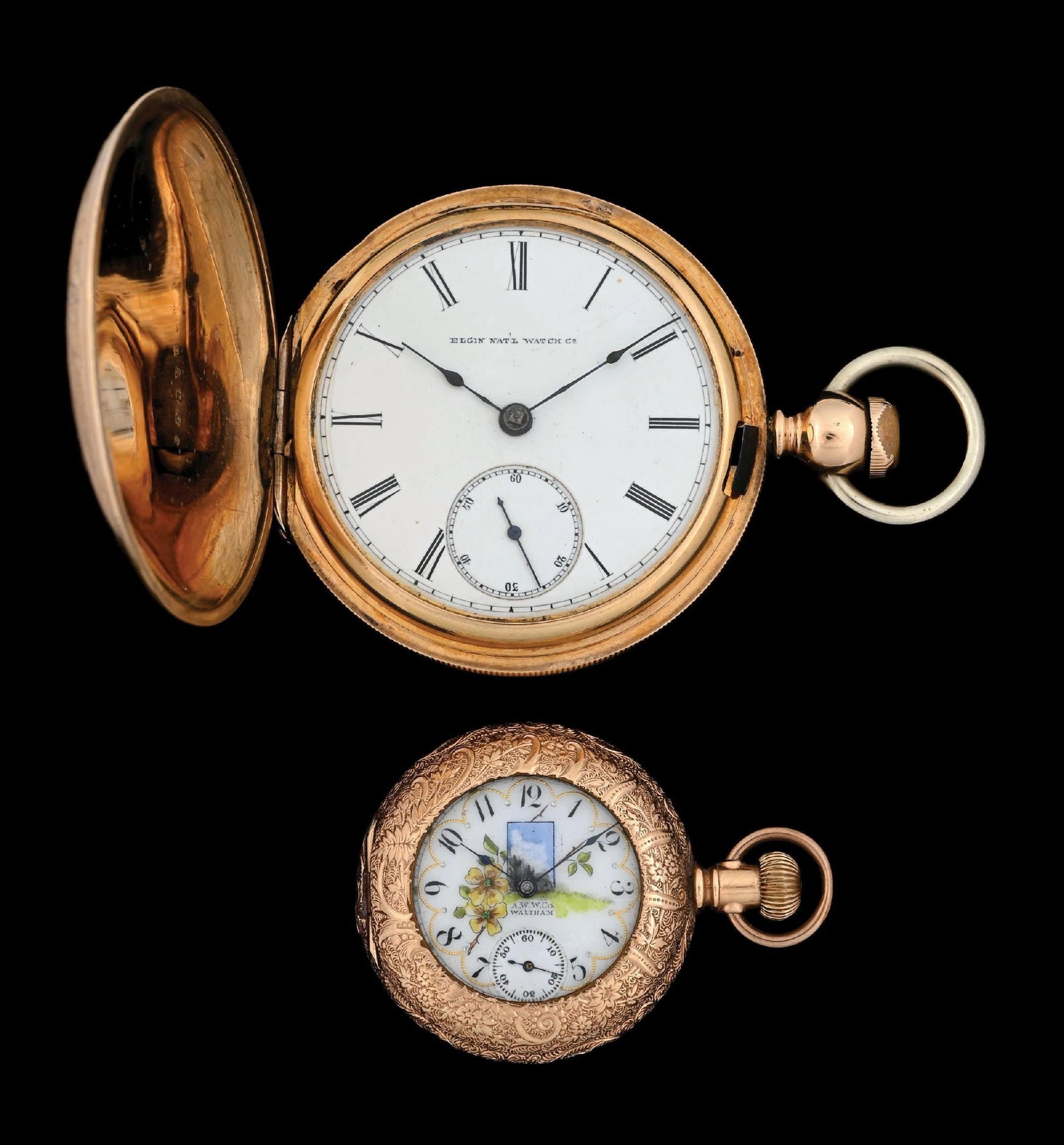 COLLECTION OF 2: G/F POCKET WATCHES: ELGIN H/C W/KEY & WALTHAM O/F (1 of 4)